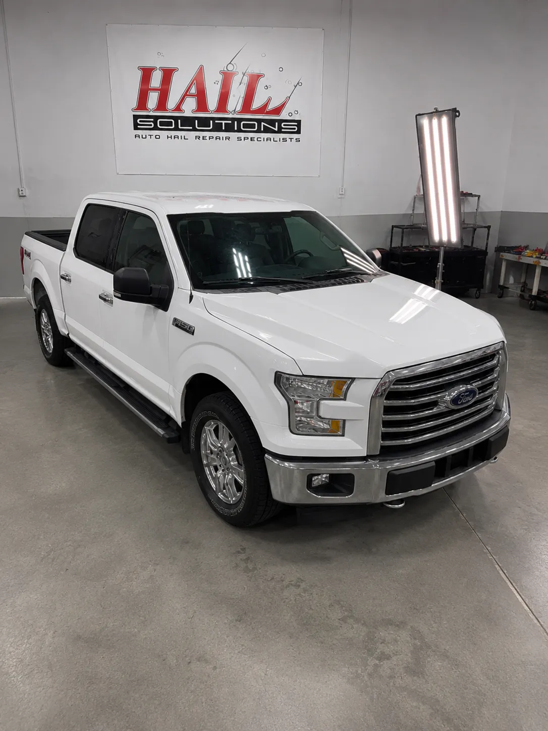 Detail photo of 2015 Ford F-150 — Oxford White hail damage repair in Olathe, KS