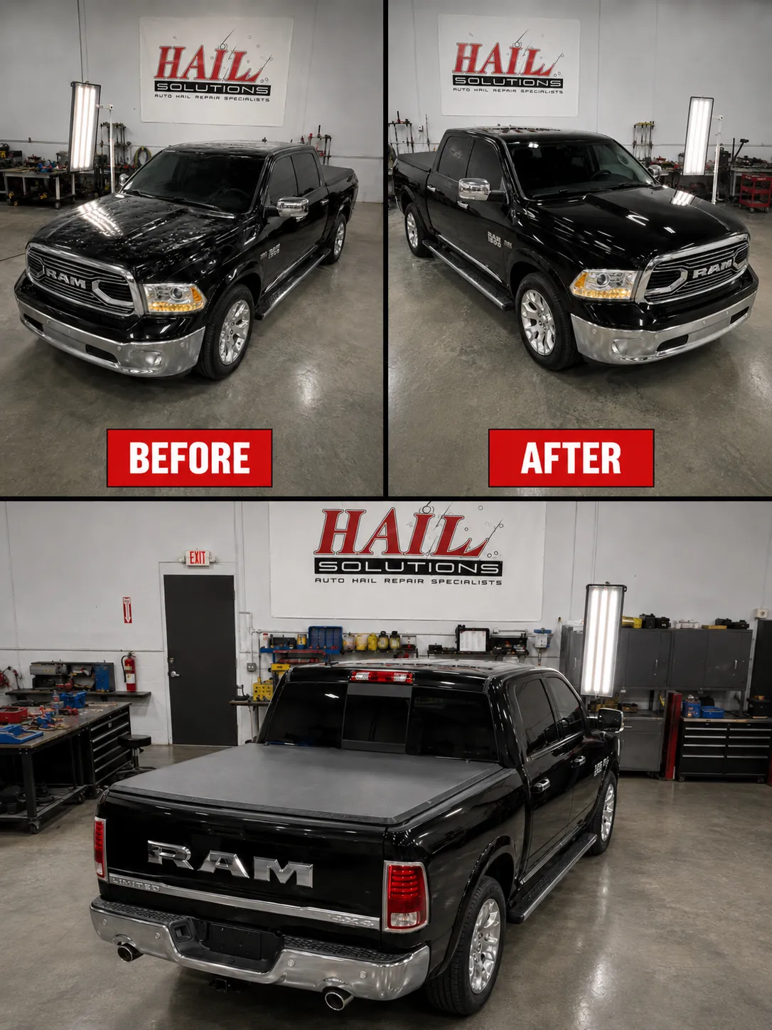 Detail photo of 2015 Ram 1500 — Brilliant Black Crystal Pearl hail damage repair in Smithville, MO
