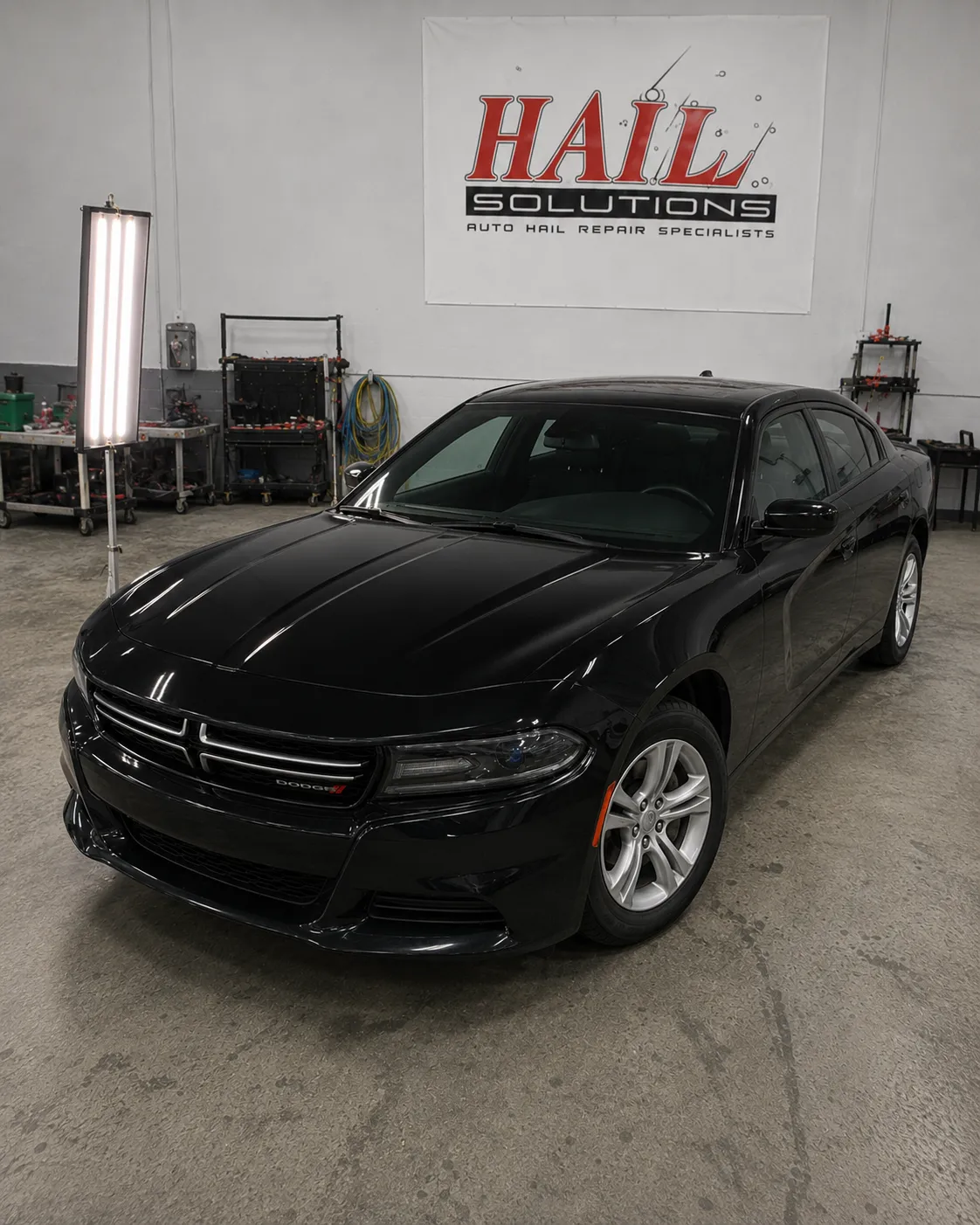 Detail photo of 2016 Dodge Charger — Pitch Black hail damage repair in Harrisonville, MO