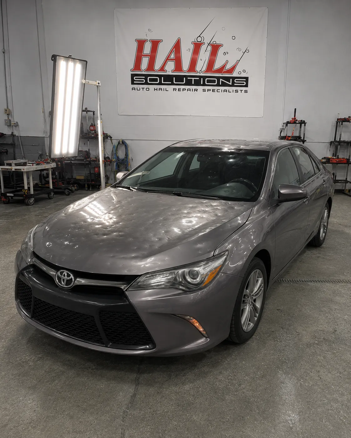 Detail photo of 2016 Toyota Camry — Cosmic Gray Mica hail damage repair in Shawnee, KS