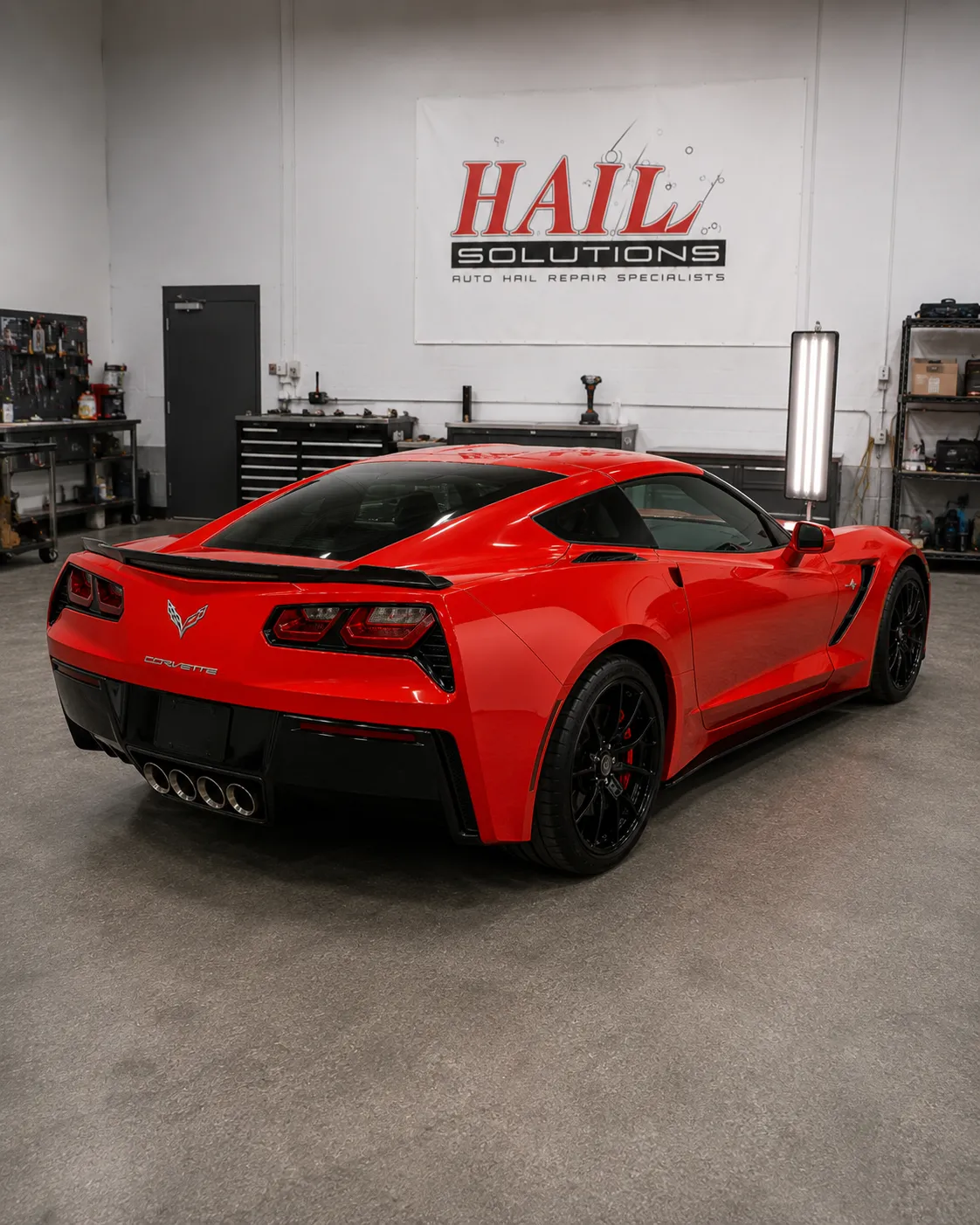 Detail photo of 2017 Chevrolet Corvette — Torch Red hail damage repair in Kansas City, MO