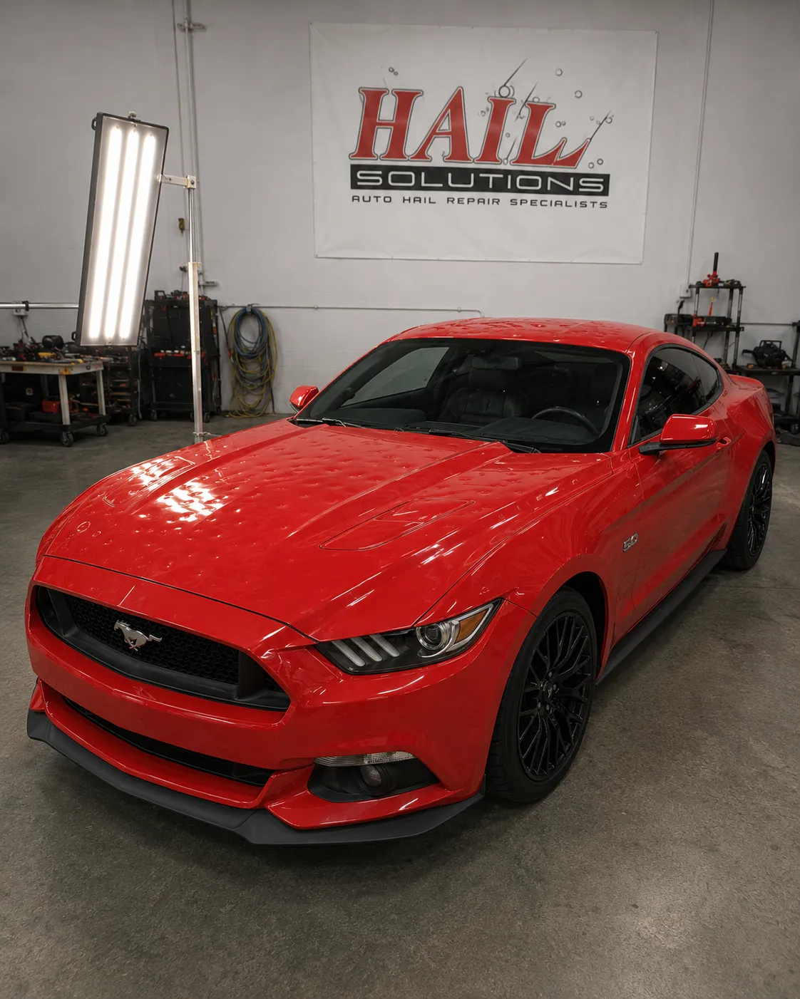 Detail photo of 2017 Ford Mustang — Race Red hail damage repair in Kansas City, MO