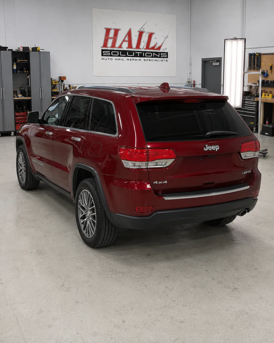 Detail photo of 2017 Jeep Grand Cherokee — Velvet Red Pearl hail damage repair in Prairie Village, KS