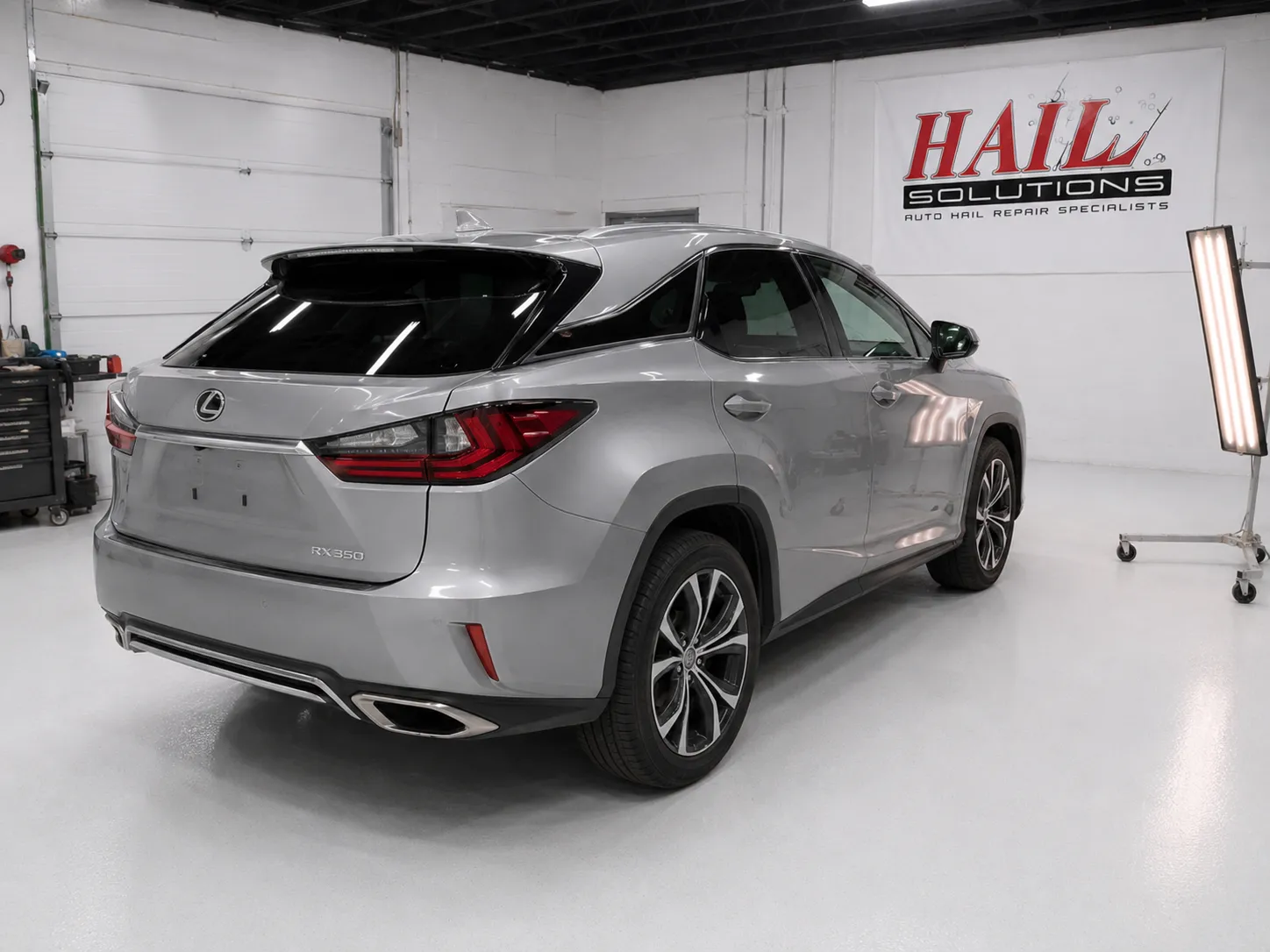 Detail photo of 2018 Lexus RX 350 — Nebula Gray Pearl hail damage repair in Leawood, KS