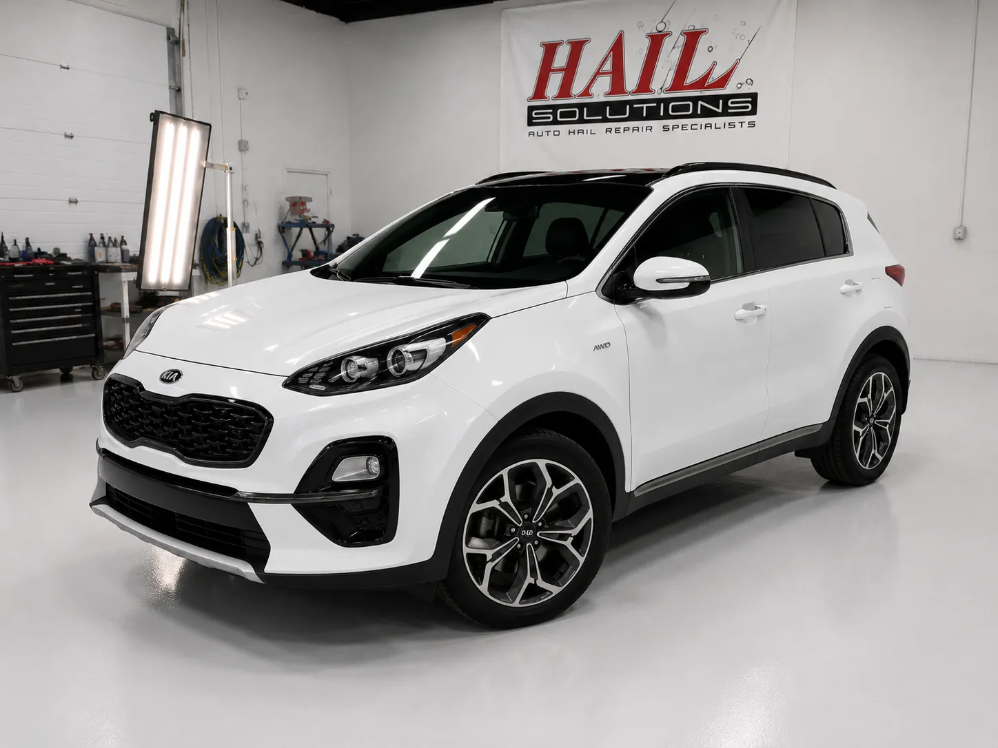Detail photo of 2019 Kia Sportage — Snow White Pearl hail damage repair in Bonner Springs, KS
