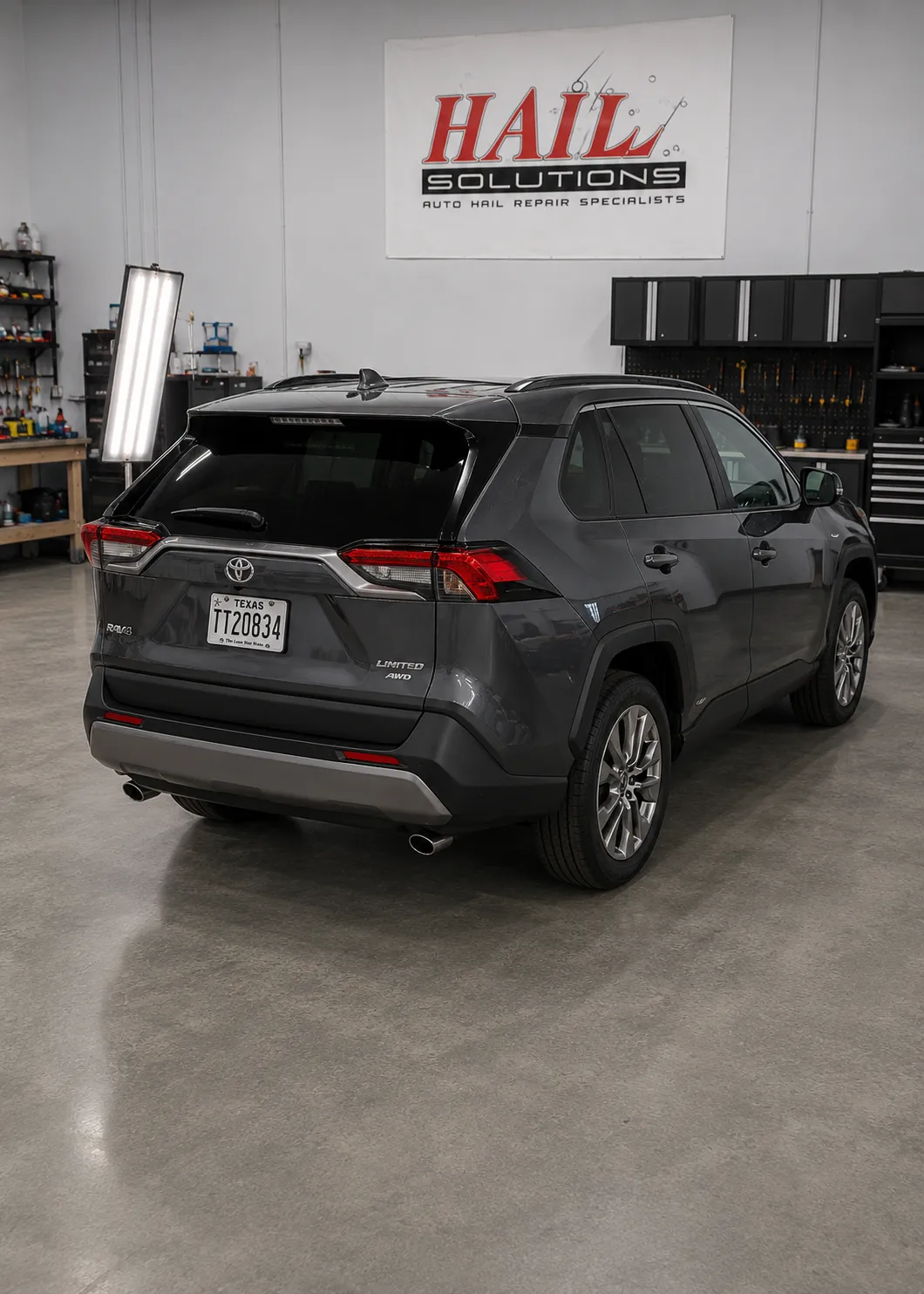 Detail photo of 2019 Toyota RAV4 — Magnetic Gray Metallic hail damage repair in Overland Park, KS