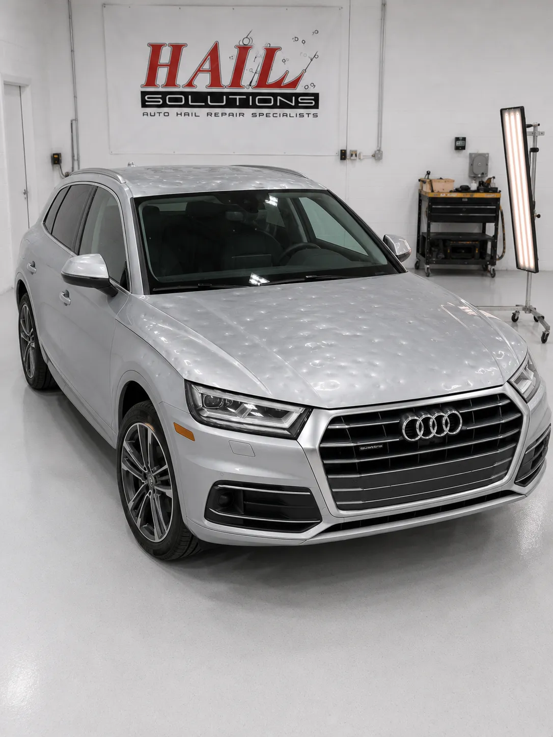 Detail photo of 2020 Audi Q5 — Florett Silver hail damage repair in Lenexa, KS