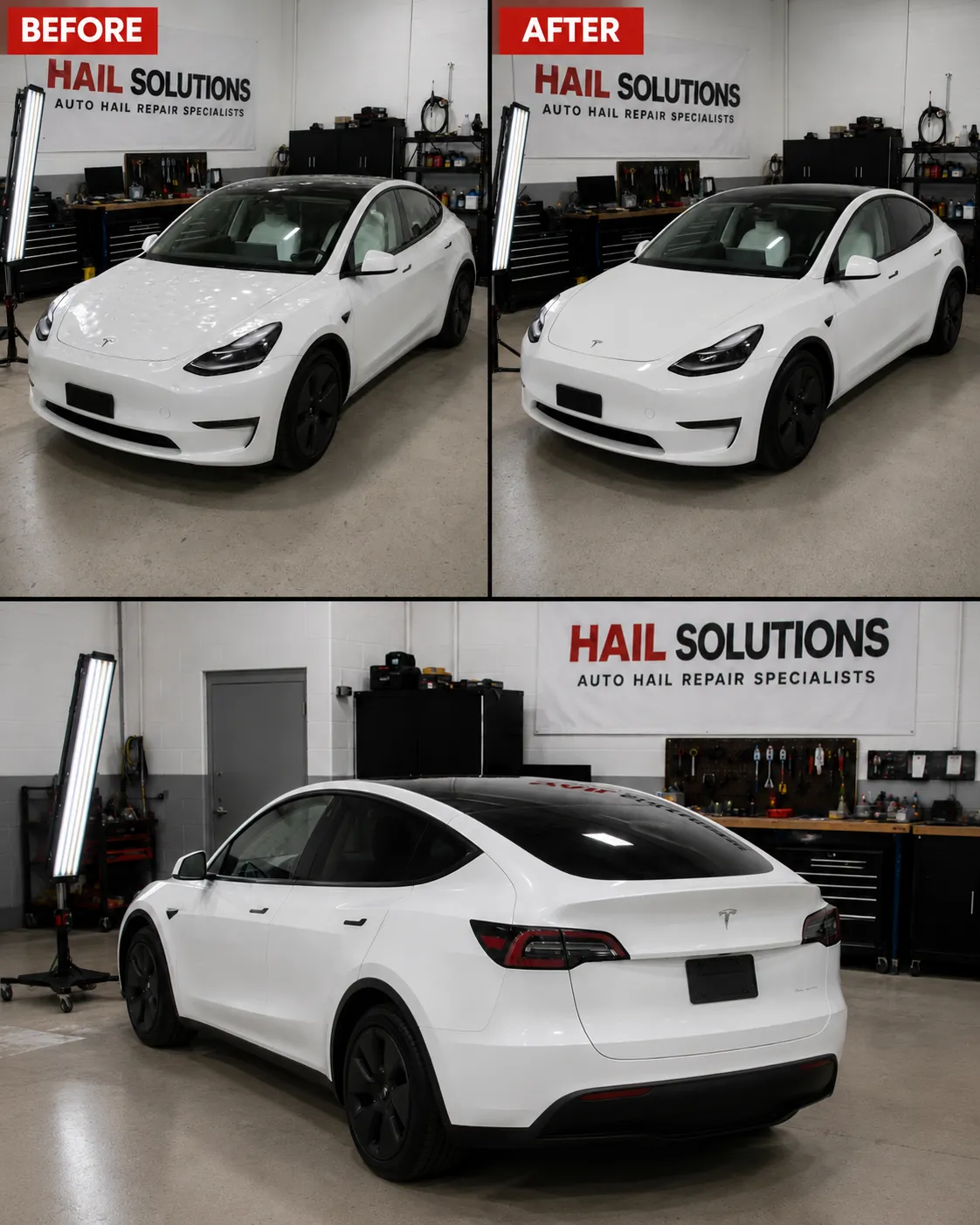 Detail photo of 2022 Tesla Model Y — Pearl White Multi-Coat hail damage repair in Leawood, KS