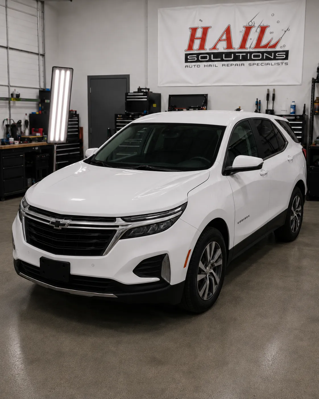 Detail photo of 2023 Chevrolet Equinox — Summit White hail damage repair in Kearney, MO