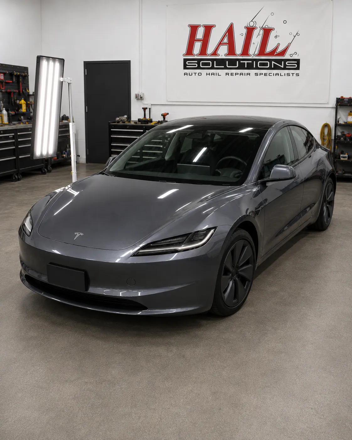 Detail photo of 2023 Tesla Model 3 — Midnight Silver Metallic hail damage repair in Leawood, KS