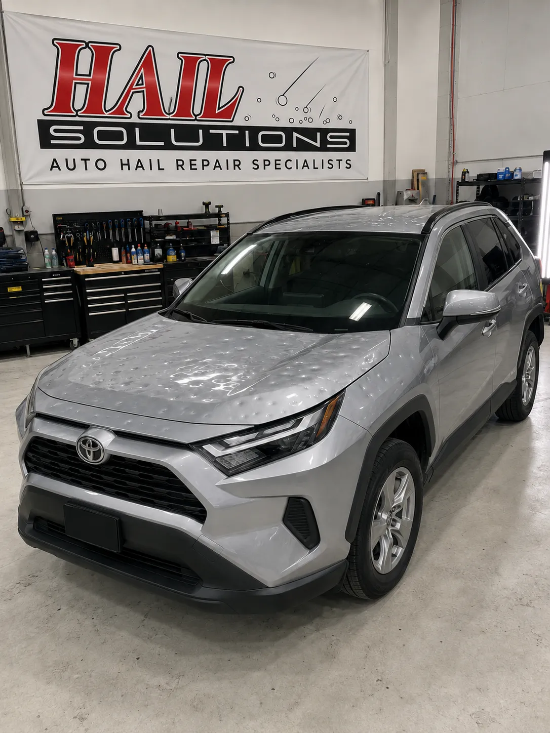 Detail photo of 2023 Toyota RAV4 — Silver Sky Metallic hail damage repair in Pleasant Hill, MO