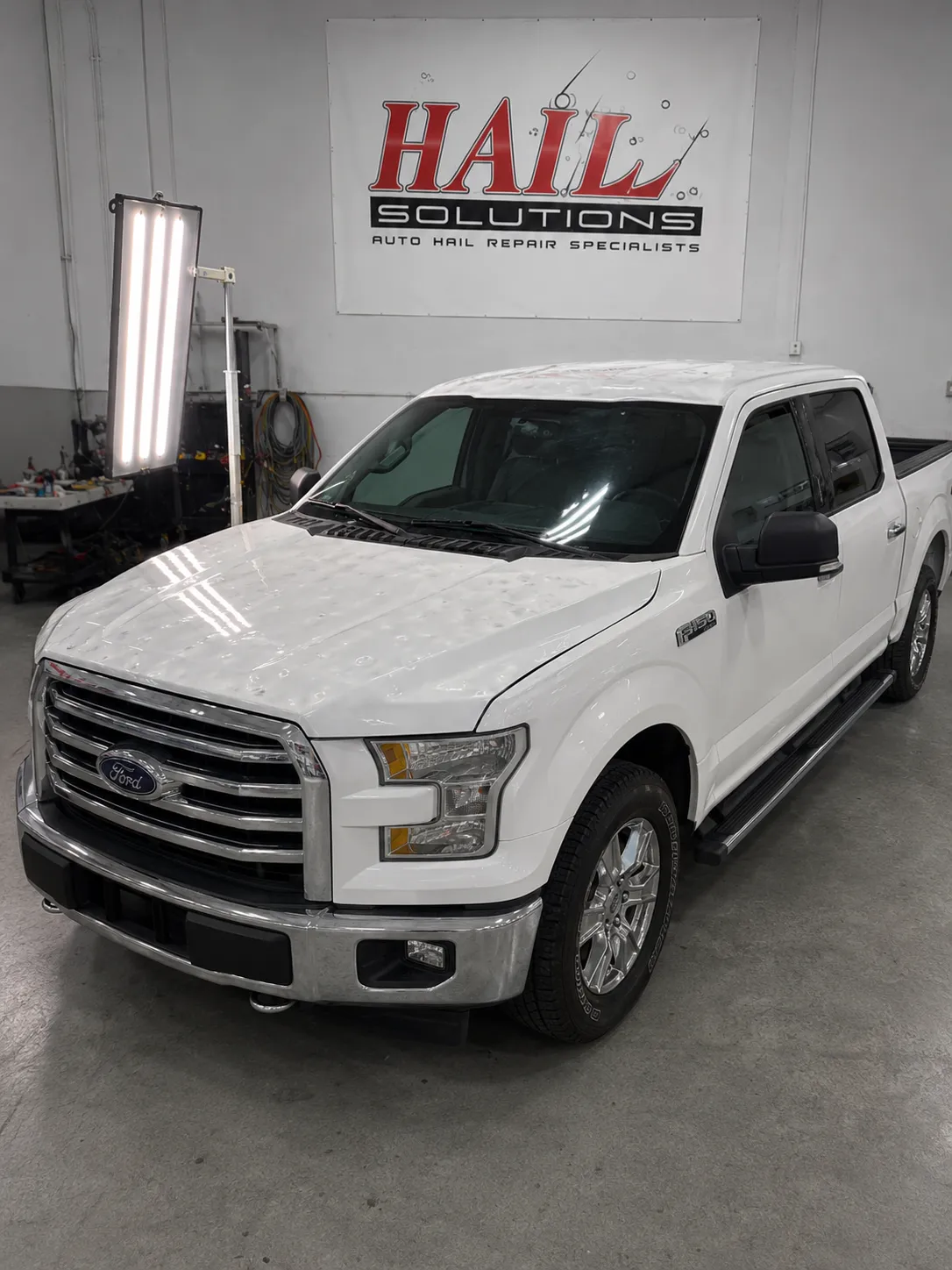 Detail photo of 2015 Ford F-150 — Oxford White hail damage repair in Olathe, KS