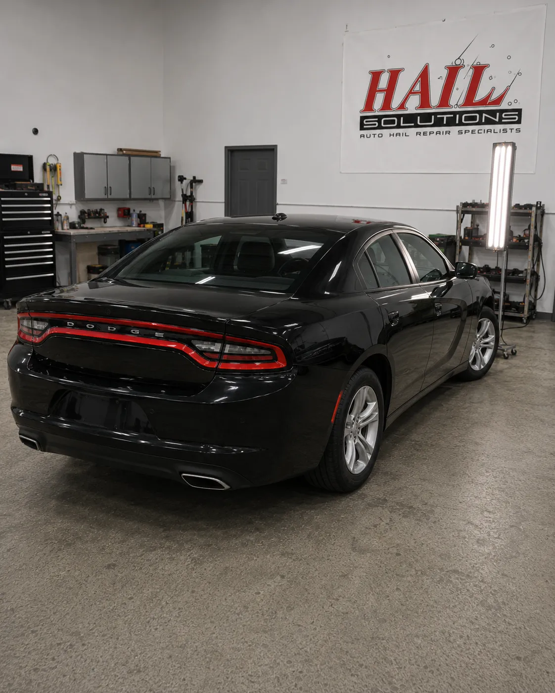 Detail photo of 2016 Dodge Charger — Pitch Black hail damage repair in Harrisonville, MO