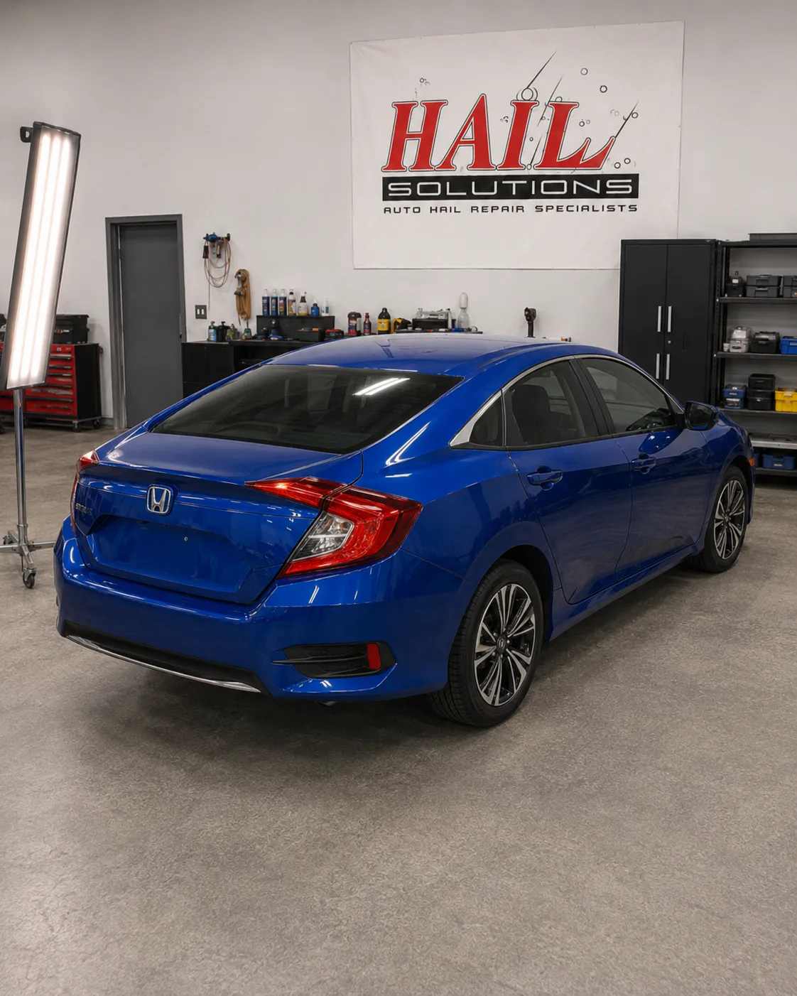 Detail photo of 2016 Honda Civic — Aegean Blue Metallic hail damage repair in Merriam, KS