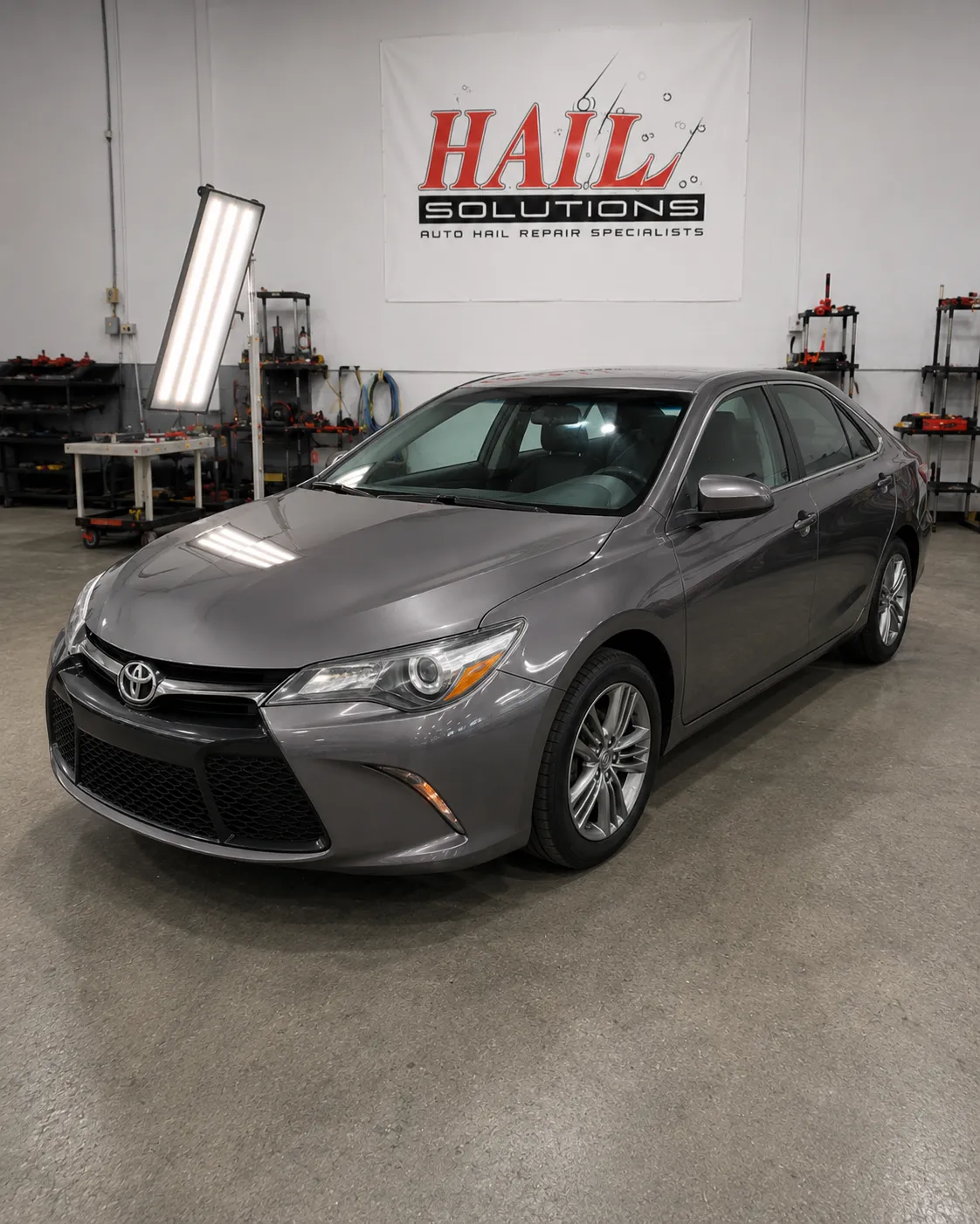 Detail photo of 2016 Toyota Camry — Cosmic Gray Mica hail damage repair in Shawnee, KS