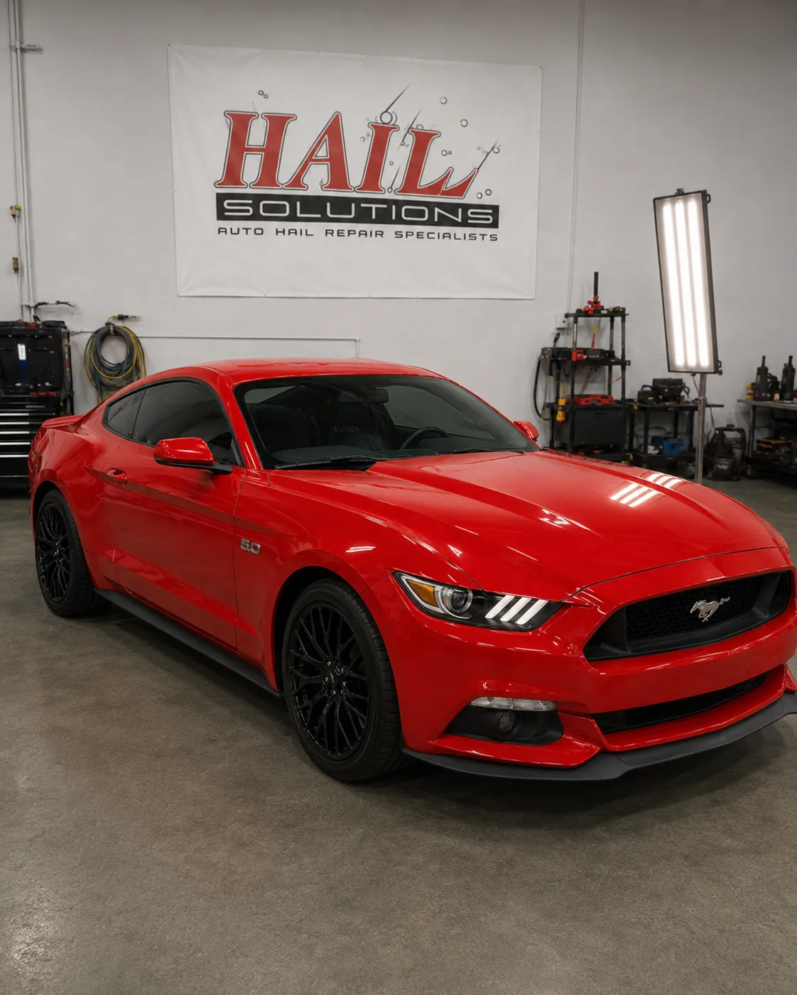 Detail photo of 2017 Ford Mustang — Race Red hail damage repair in Kansas City, MO