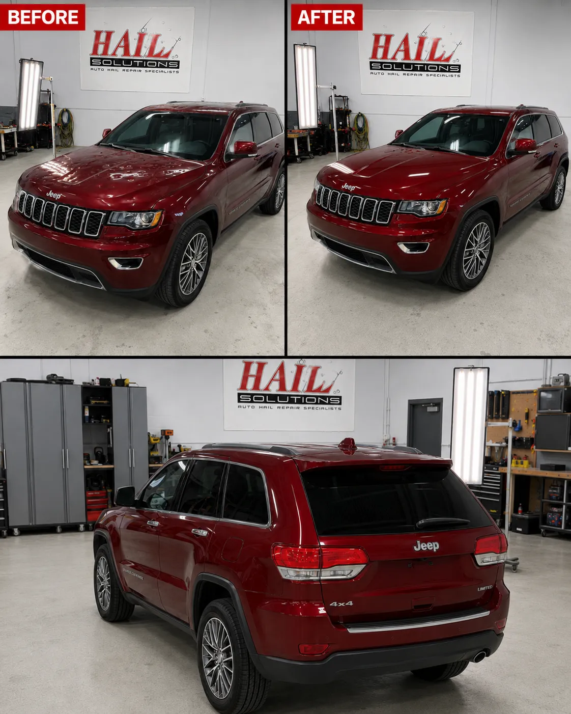 Detail photo of 2017 Jeep Grand Cherokee — Velvet Red Pearl hail damage repair in Prairie Village, KS