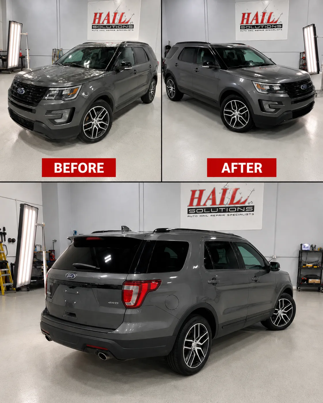 Detail photo of 2018 Ford Explorer — Magnetic Gray hail damage repair in Kansas City, MO