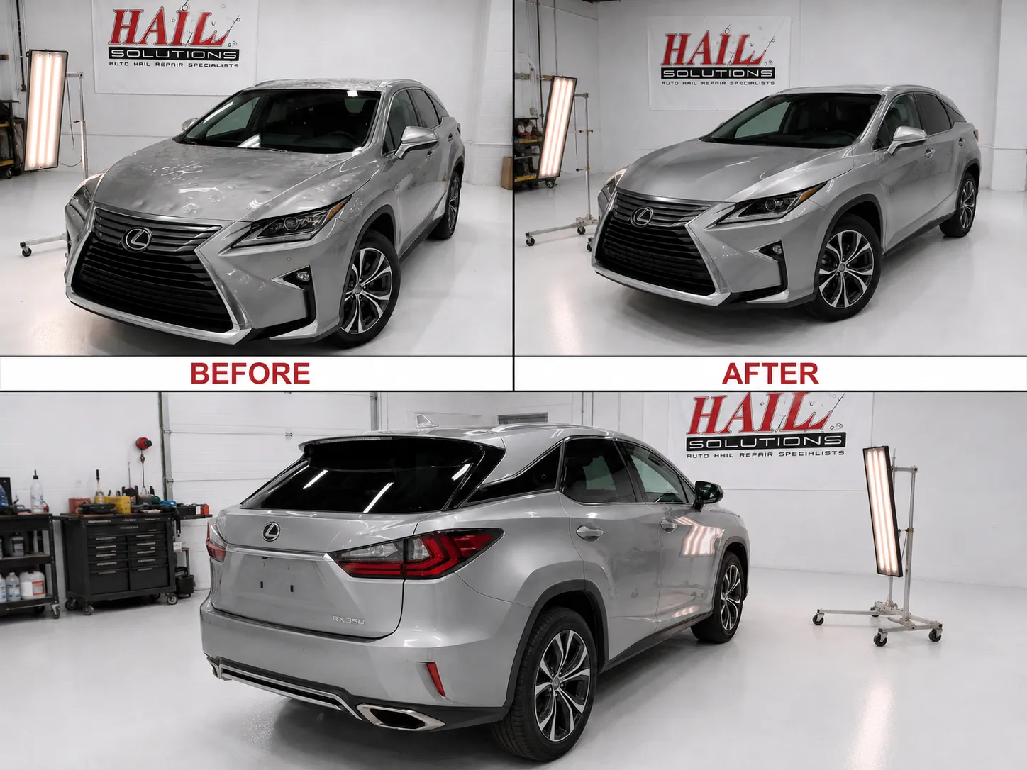 Detail photo of 2018 Lexus RX 350 — Nebula Gray Pearl hail damage repair in Leawood, KS
