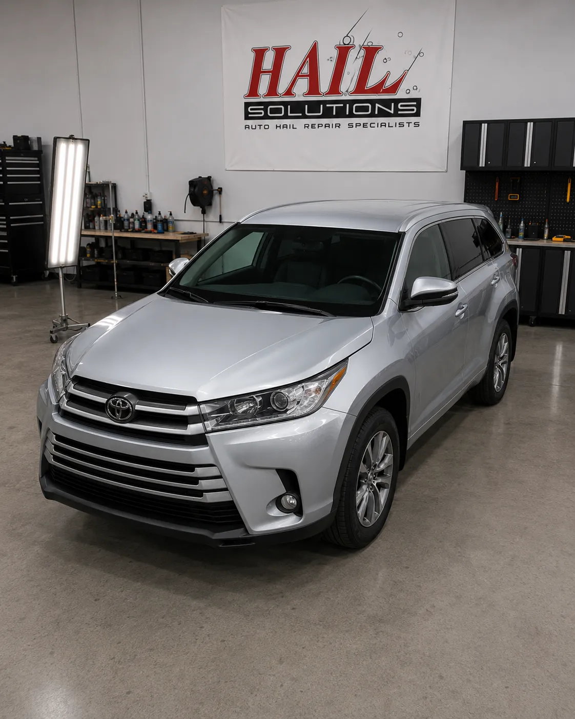 Detail photo of 2019 Toyota Highlander — Celestial Silver Metallic hail damage repair in Lee's Summit, MO