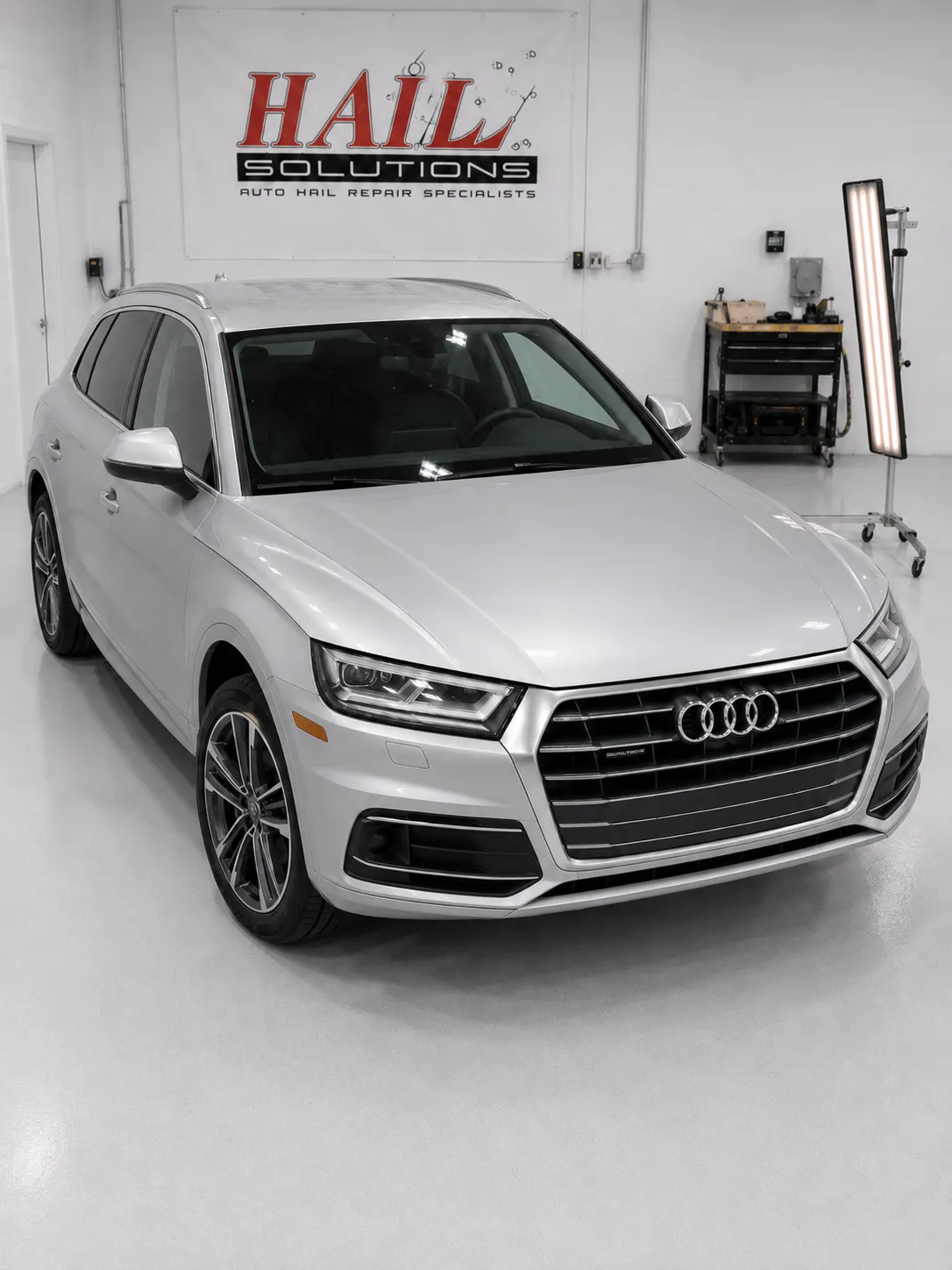 Detail photo of 2020 Audi Q5 — Florett Silver hail damage repair in Lenexa, KS
