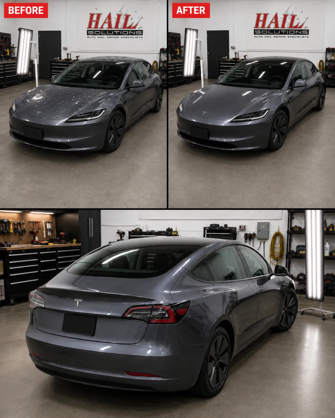Detail photo of 2023 Tesla Model 3 — Midnight Silver Metallic hail damage repair in Leawood, KS