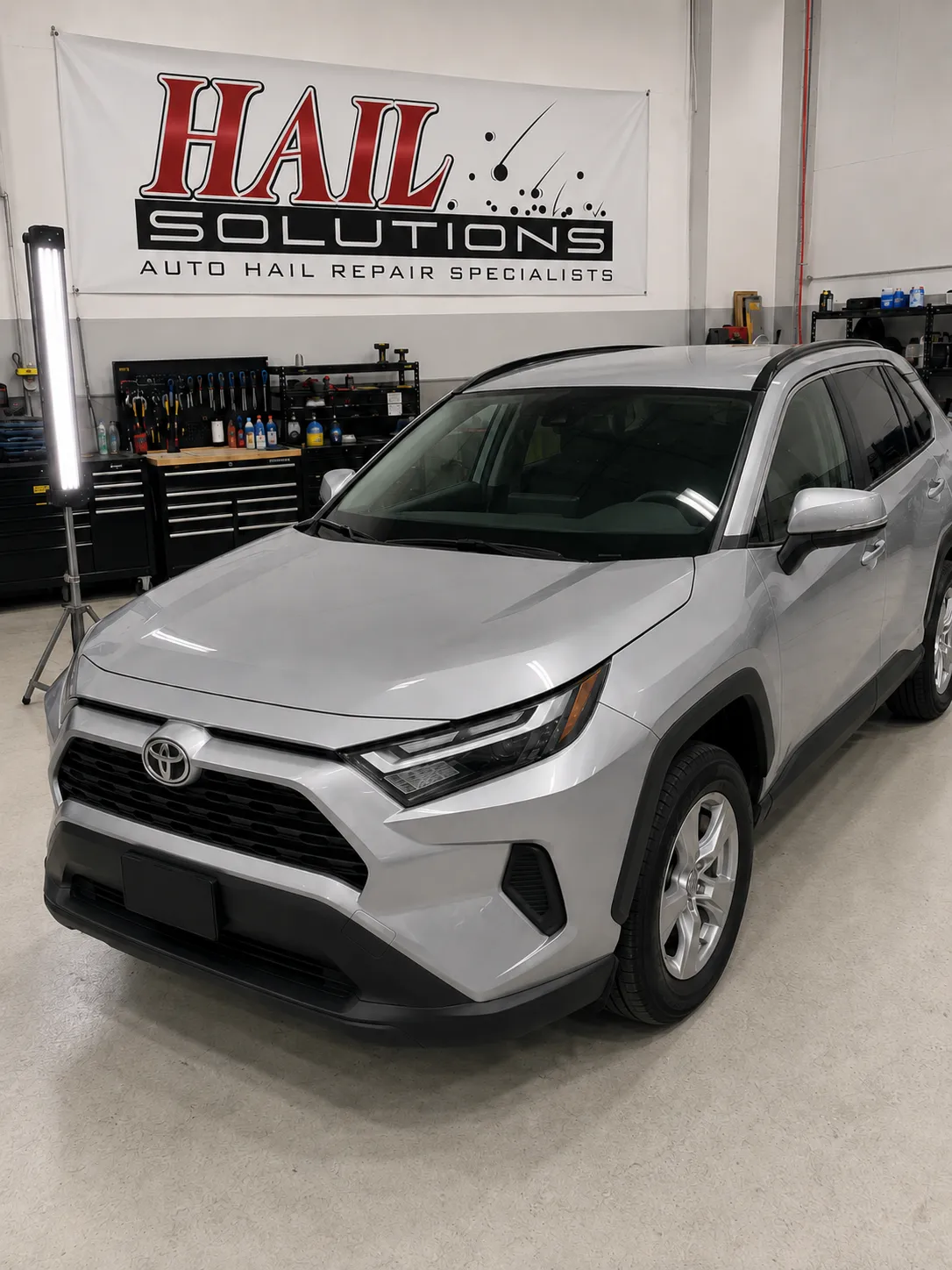 Detail photo of 2023 Toyota RAV4 — Silver Sky Metallic hail damage repair in Pleasant Hill, MO