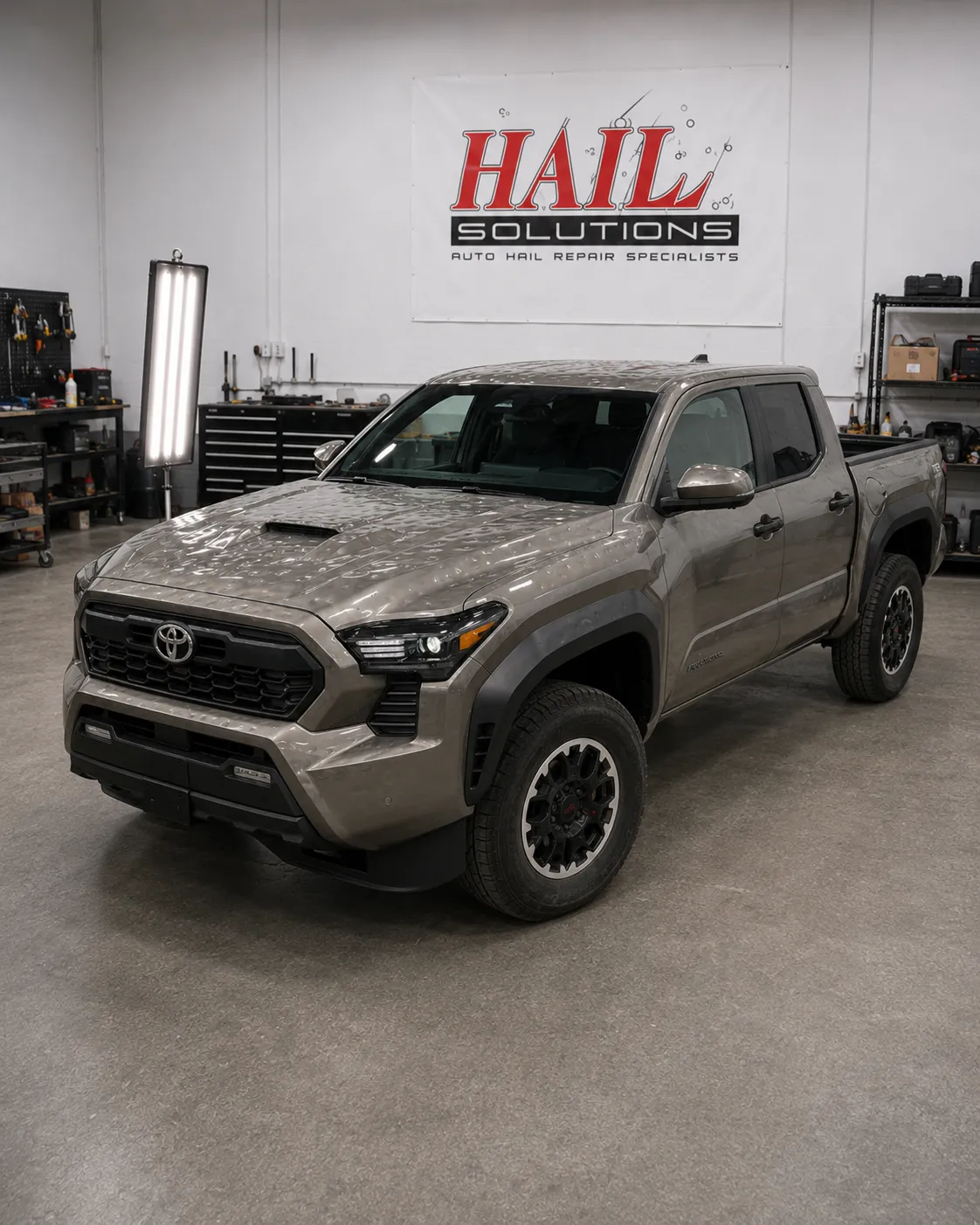 Detail photo of 2024 Toyota Tacoma — Cement Gray hail damage repair in Olathe, KS