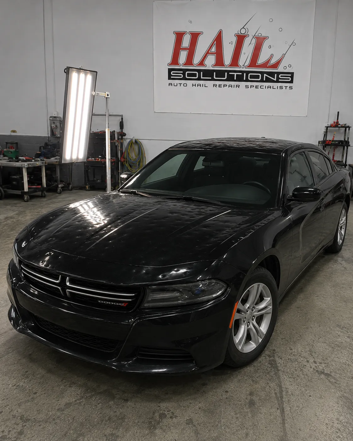 Detail photo of 2016 Dodge Charger — Pitch Black hail damage repair in Harrisonville, MO