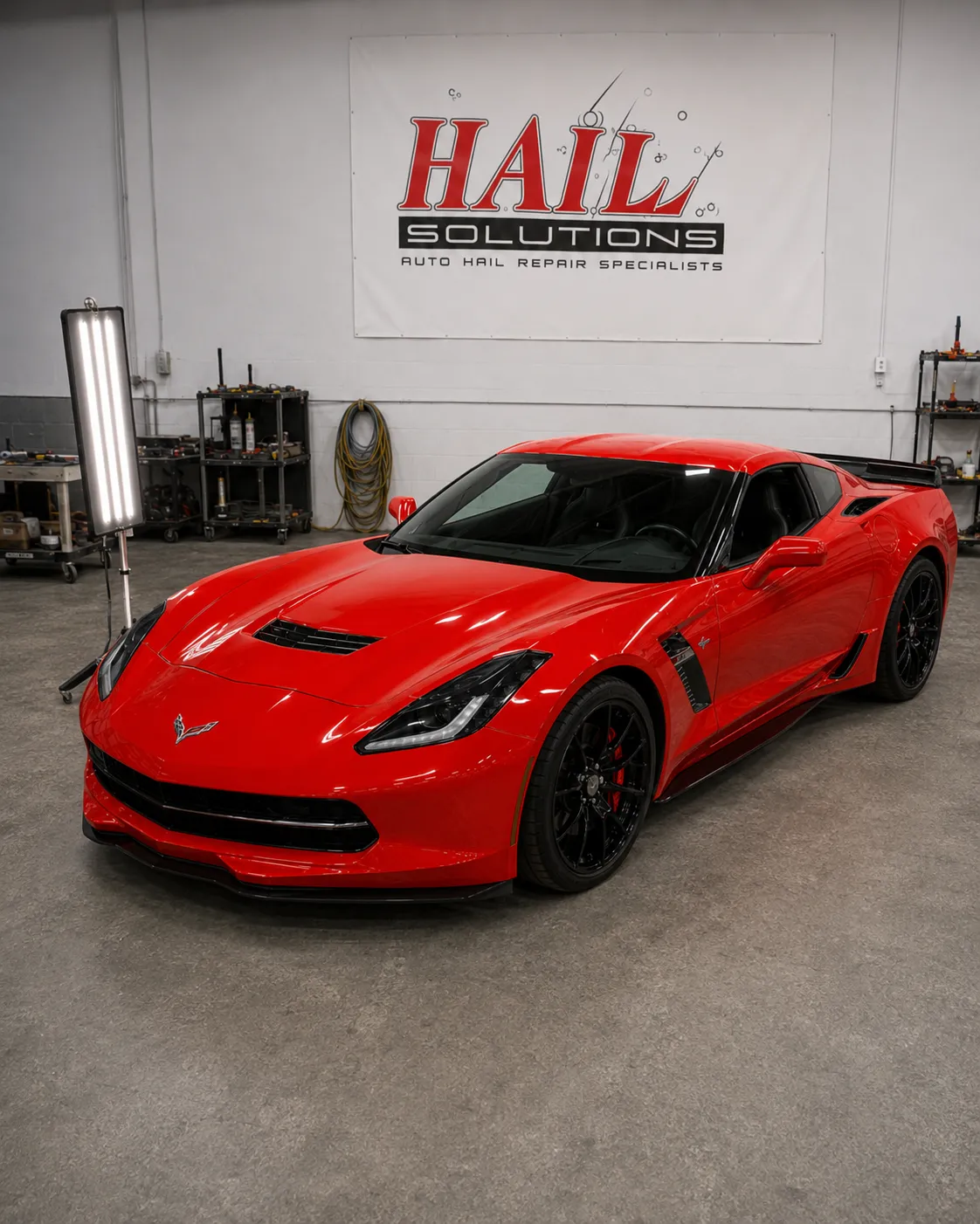 Detail photo of 2017 Chevrolet Corvette — Torch Red hail damage repair in Kansas City, MO