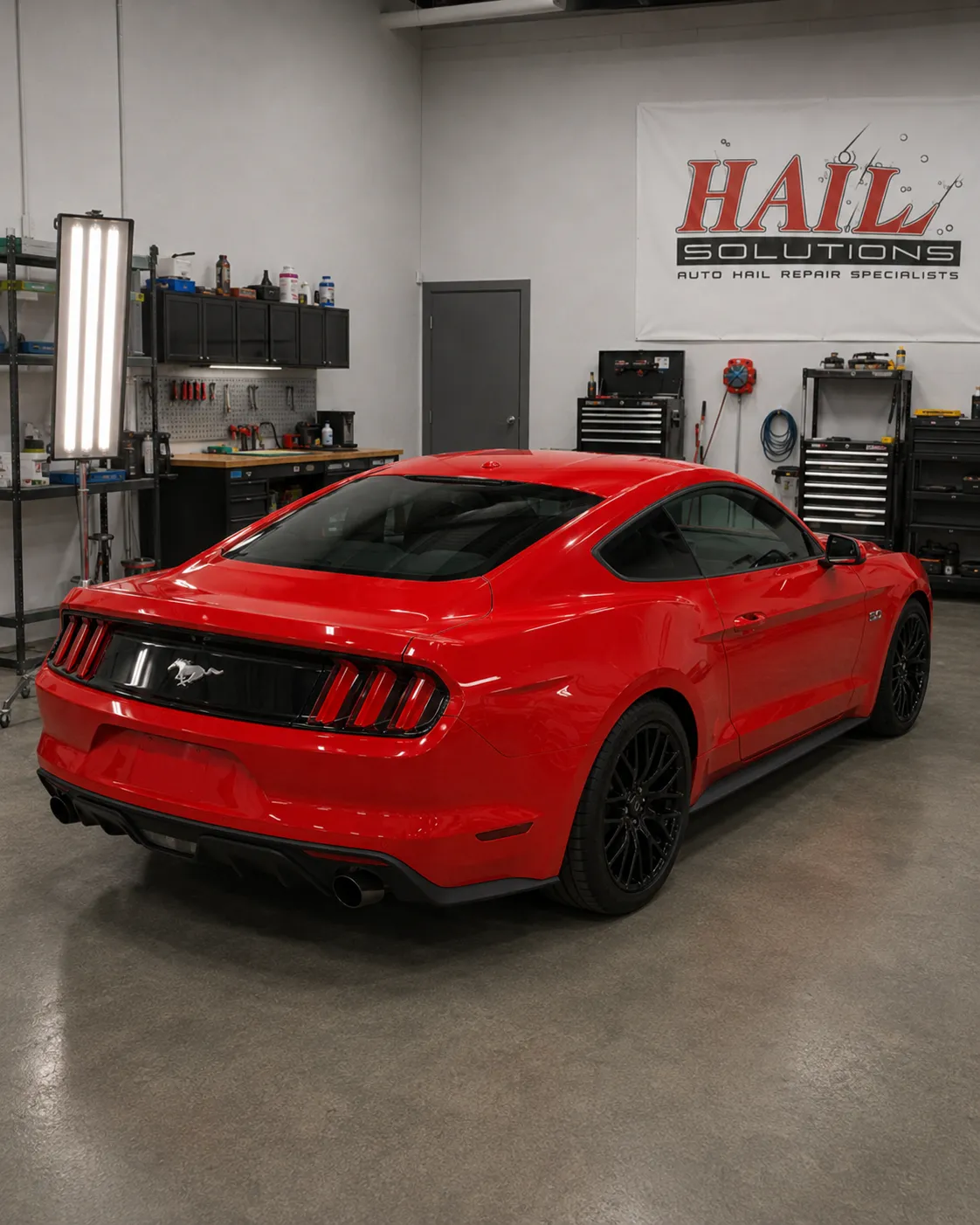 Detail photo of 2017 Ford Mustang — Race Red hail damage repair in Kansas City, MO