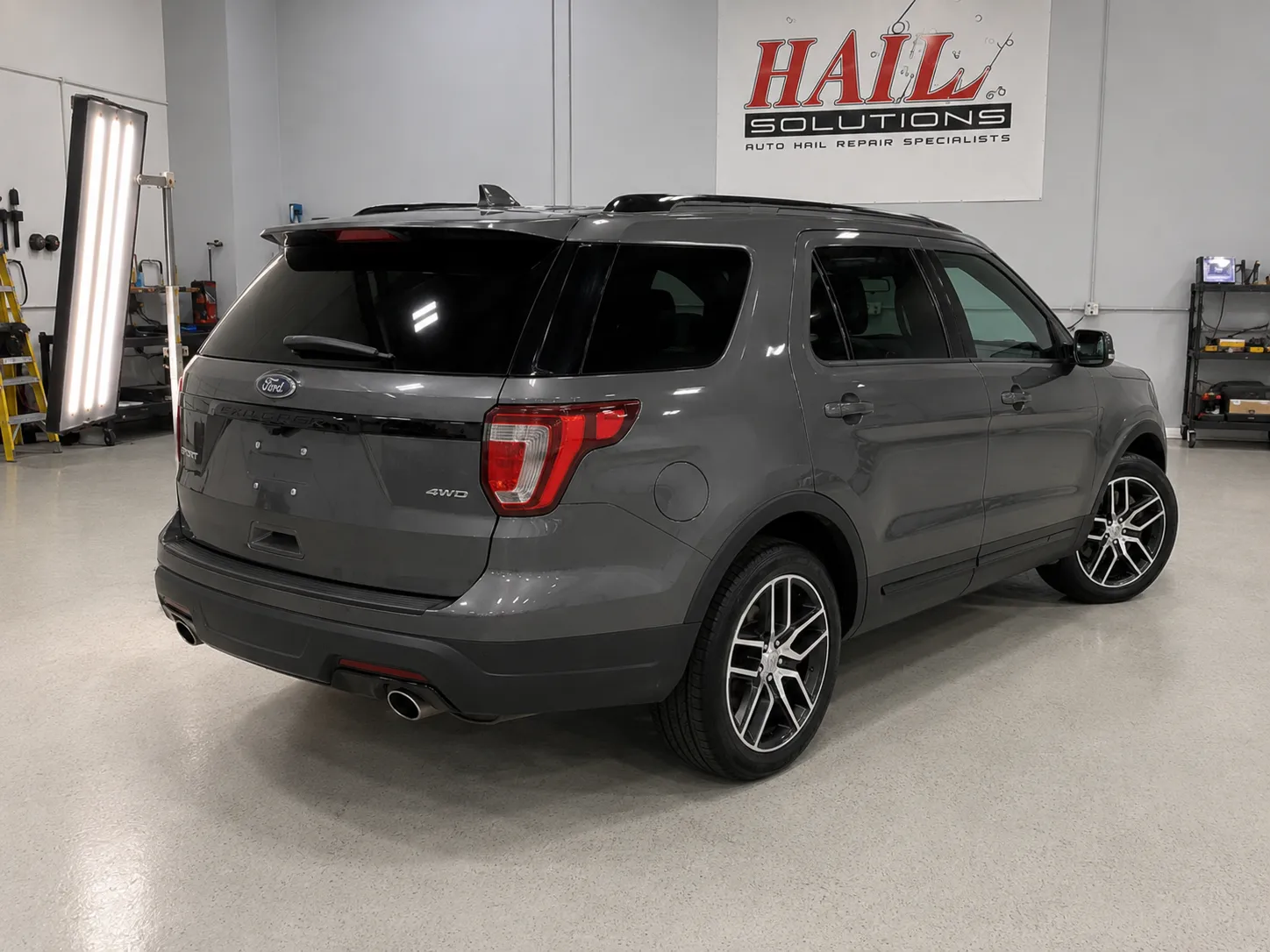 Detail photo of 2018 Ford Explorer — Magnetic Gray hail damage repair in Kansas City, MO