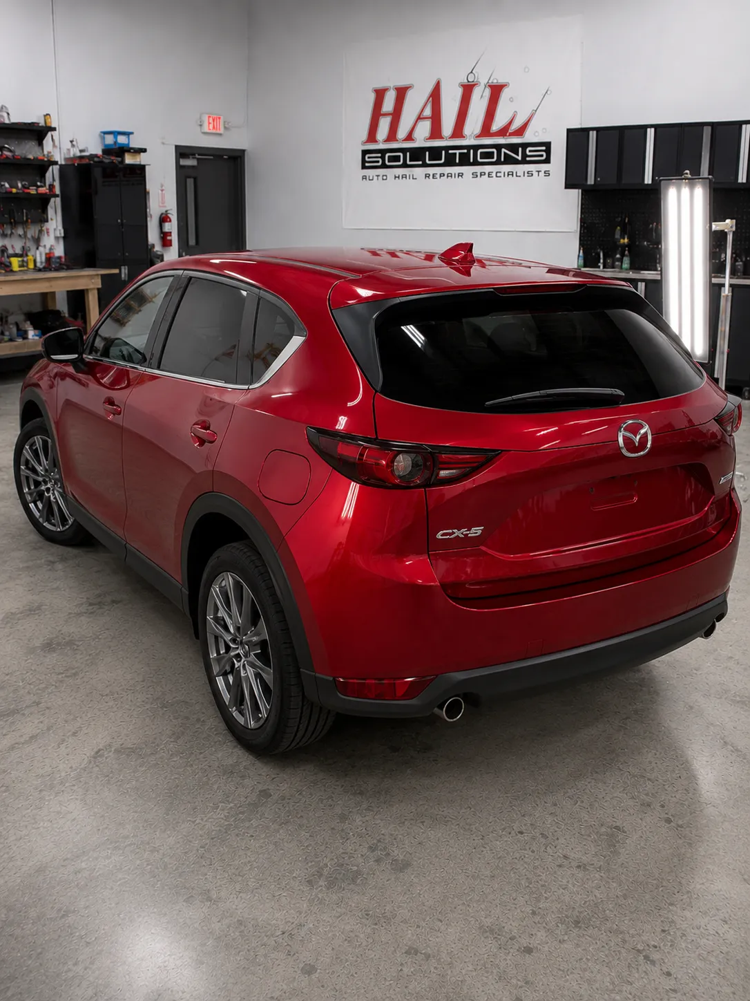 Detail photo of 2019 Mazda CX-5 — Soul Red Crystal Metallic hail damage repair in Spring Hill, KS
