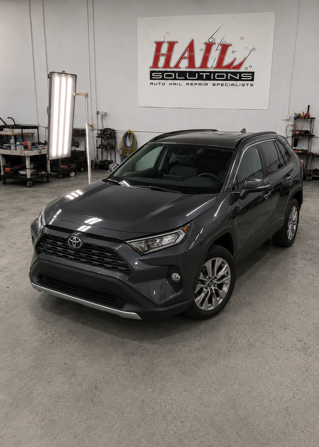 Detail photo of 2019 Toyota RAV4 — Magnetic Gray Metallic hail damage repair in Overland Park, KS