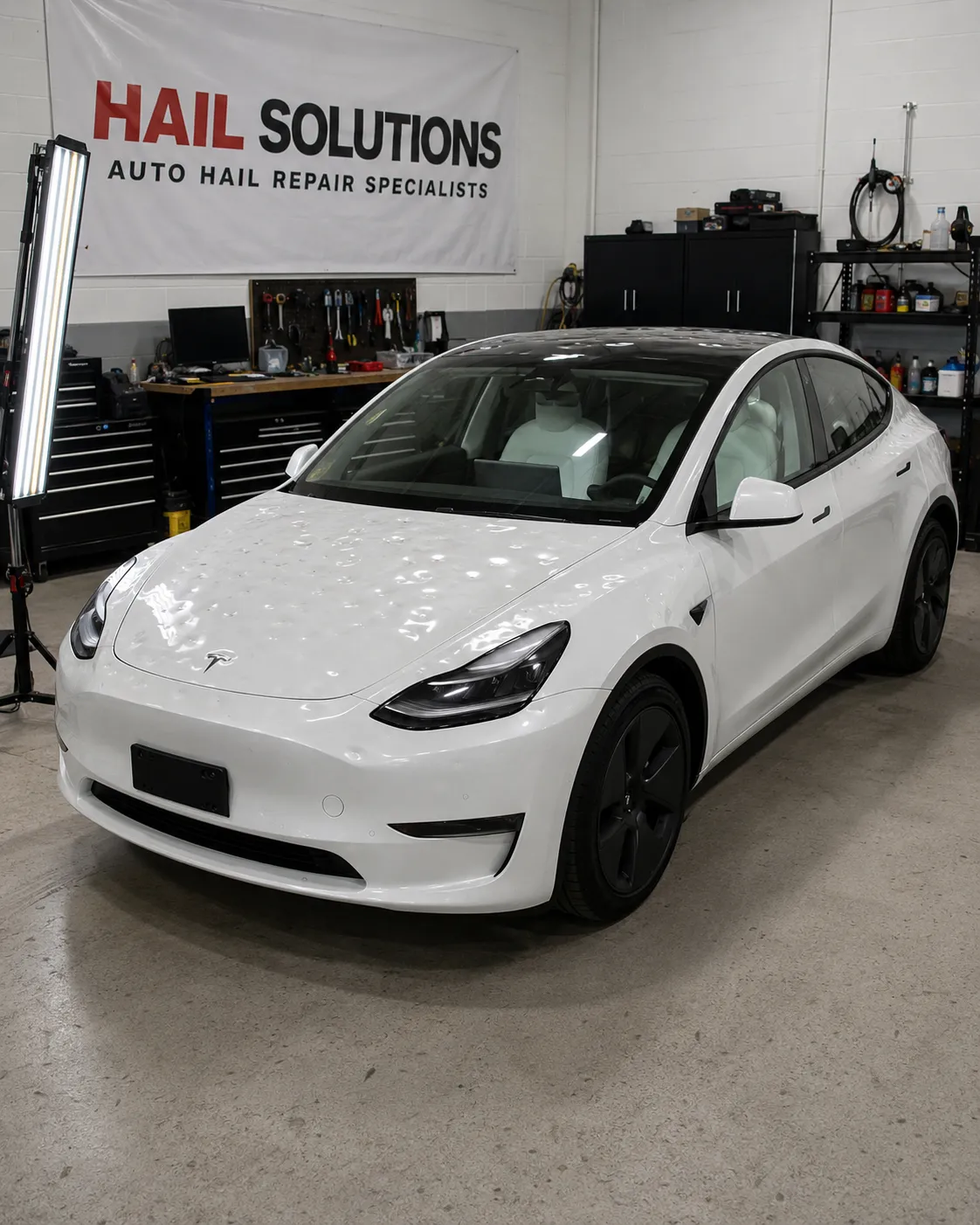 Detail photo of 2022 Tesla Model Y — Pearl White Multi-Coat hail damage repair in Leawood, KS