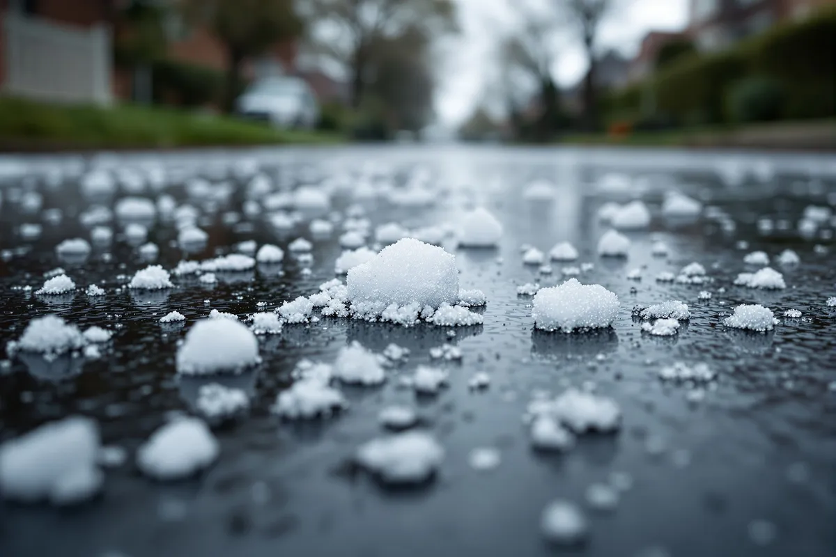 Hailstones scattered across a street after a Kansas City storm