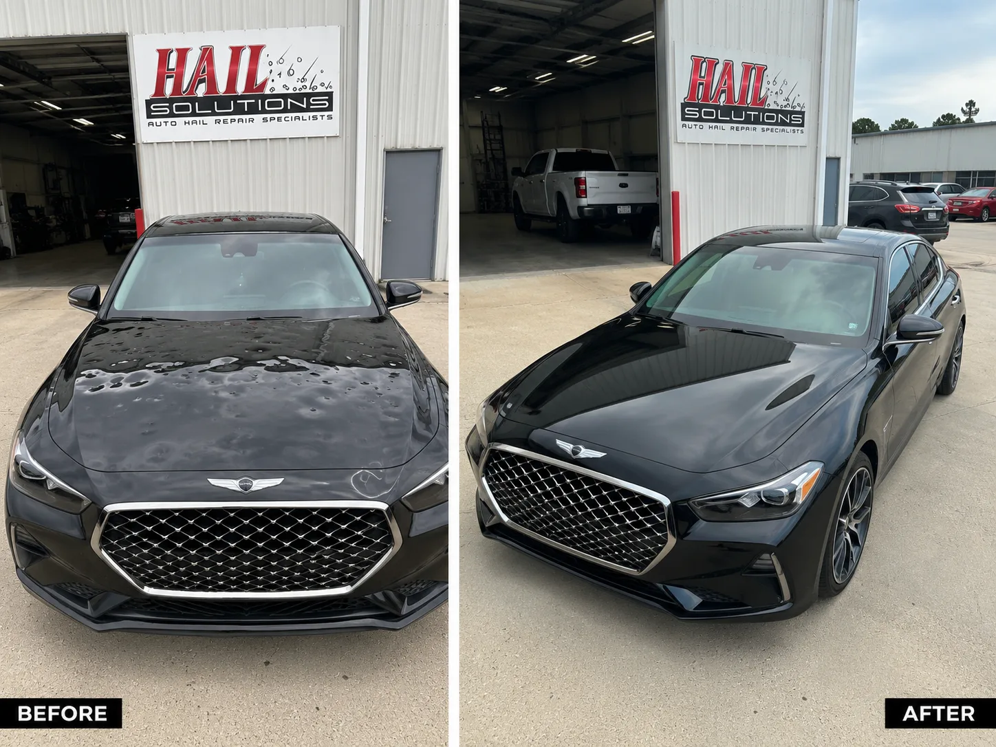 Black Genesis G70 before and after severe hail damage repair — large dents restored by Hail Solutions serving Lee's Summit, MO