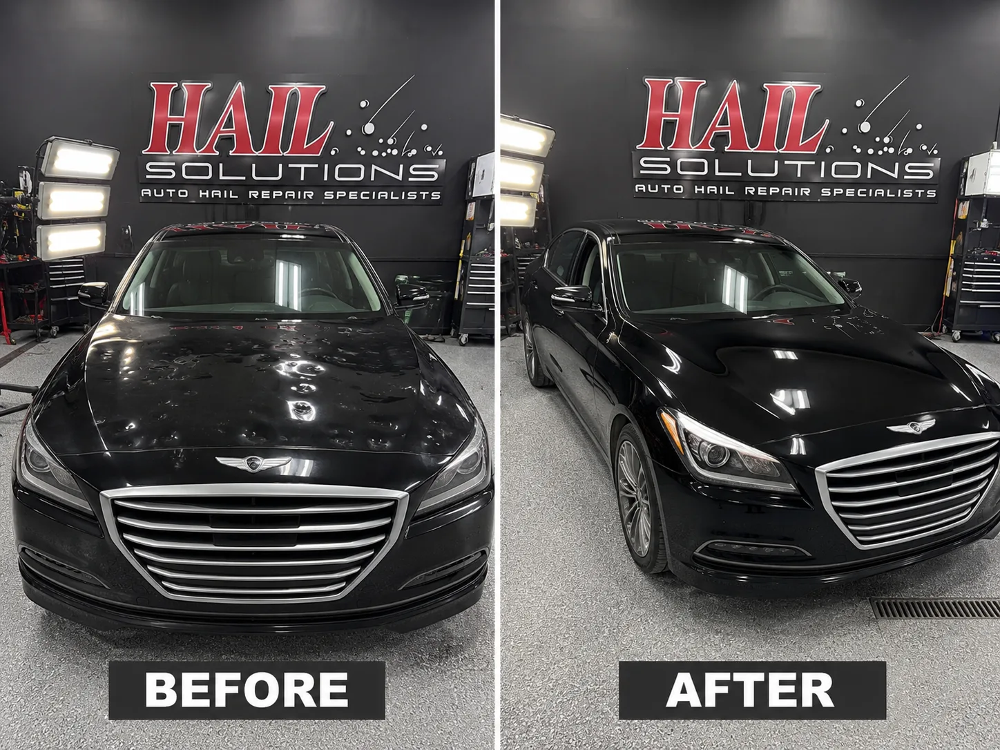 Black Genesis G80 with a hail-dimpled roof and trunk, before and after paintless dent repair for an Ottawa, KS driver