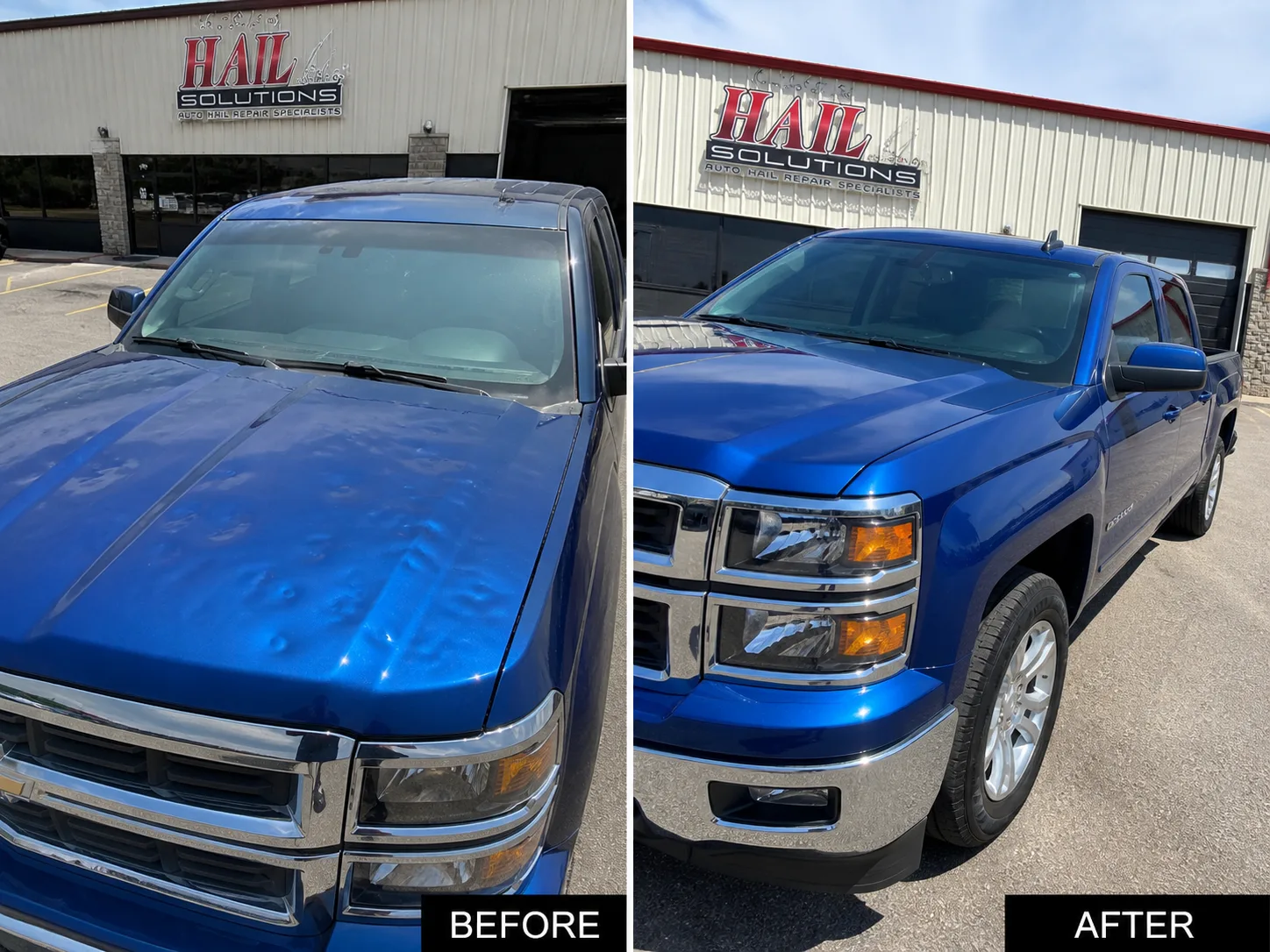 Blue Chevy Silverado 1500 before and after severe hail damage on hood restored by Hail Solutions paintless dent repair in Olathe KS