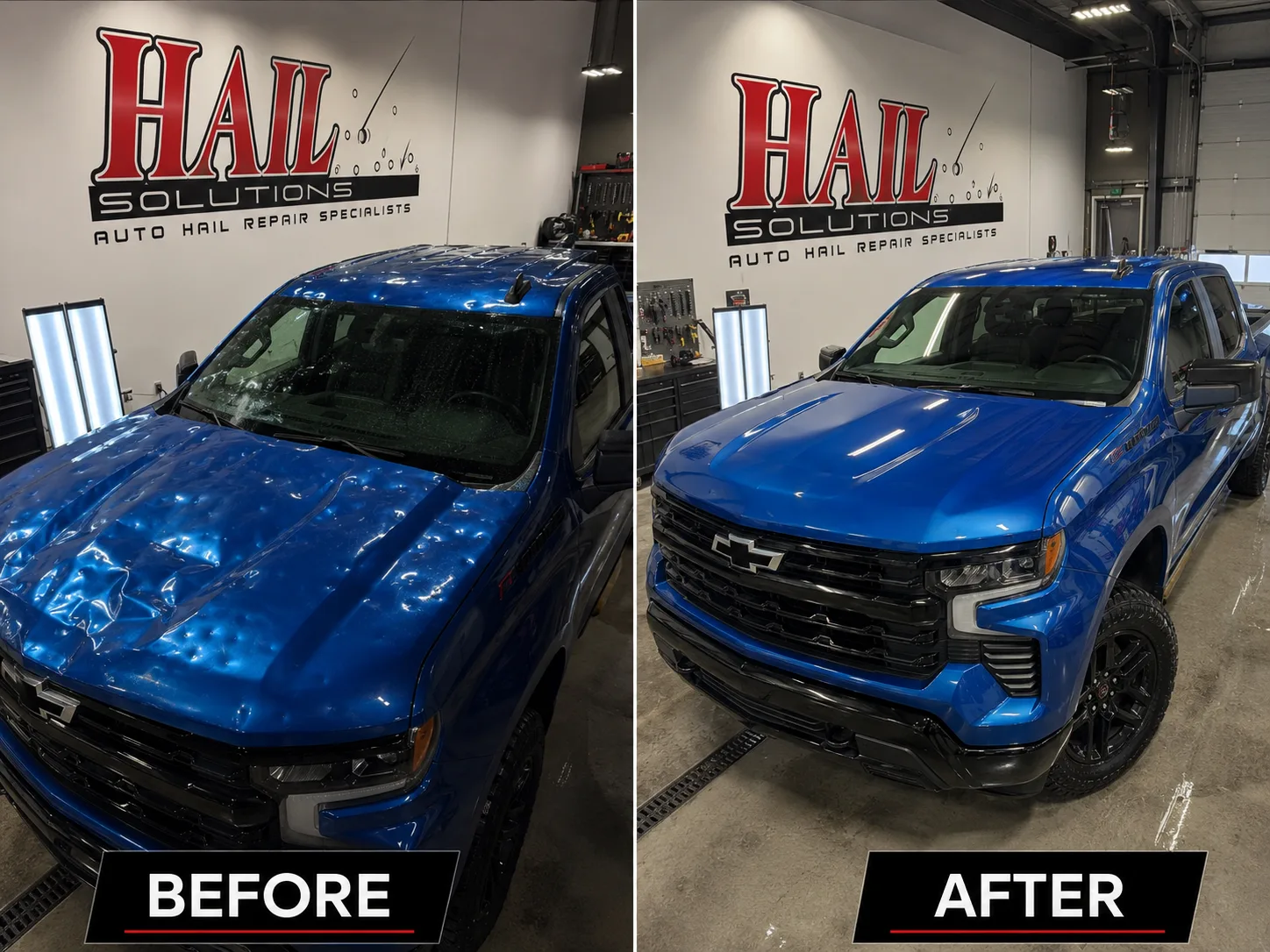 Blue Chevrolet Silverado 1500 before and after severe hail damage repair — hood dents fully restored by paintless dent repair at Hail Solutions in Olathe, Kansas