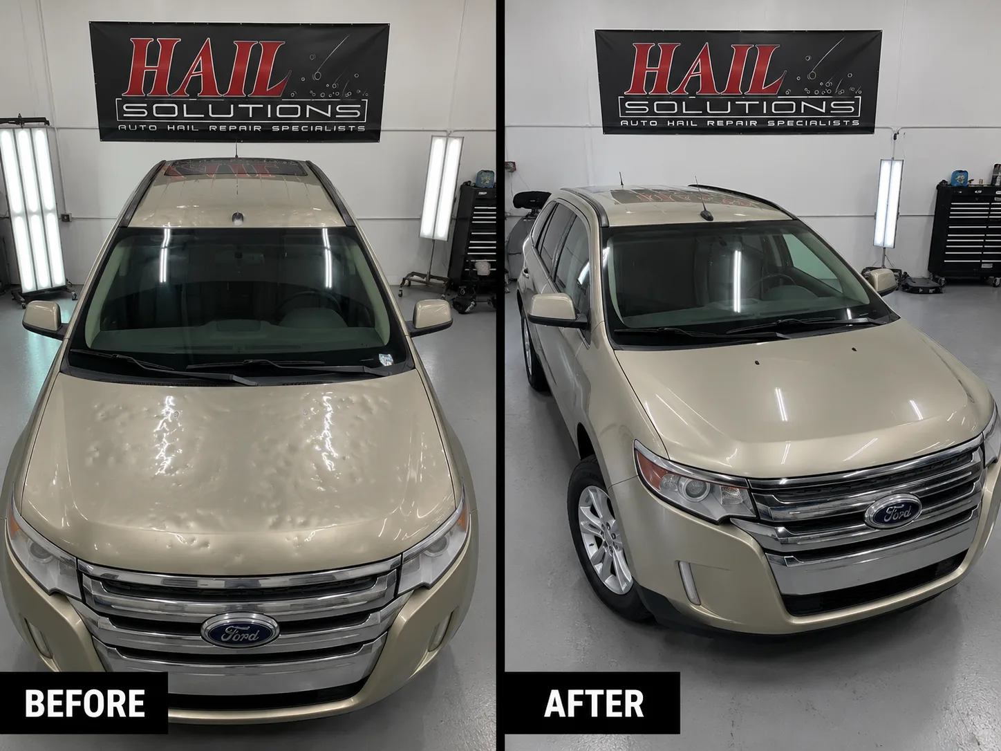 Gold Ford Edge before and after hail damage repair — hood dents restored by Hail Solutions serving Spring Hill, KS