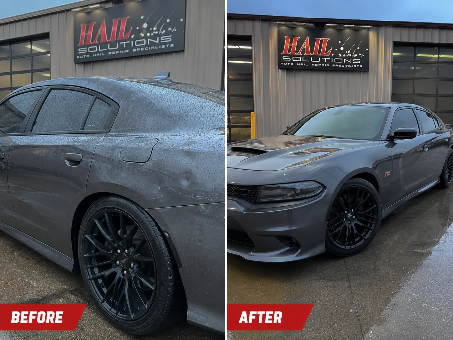 Gray Dodge Charger SRT with hail dents across the hood and roof, before and after paintless dent repair for a Warrensburg, MO driver