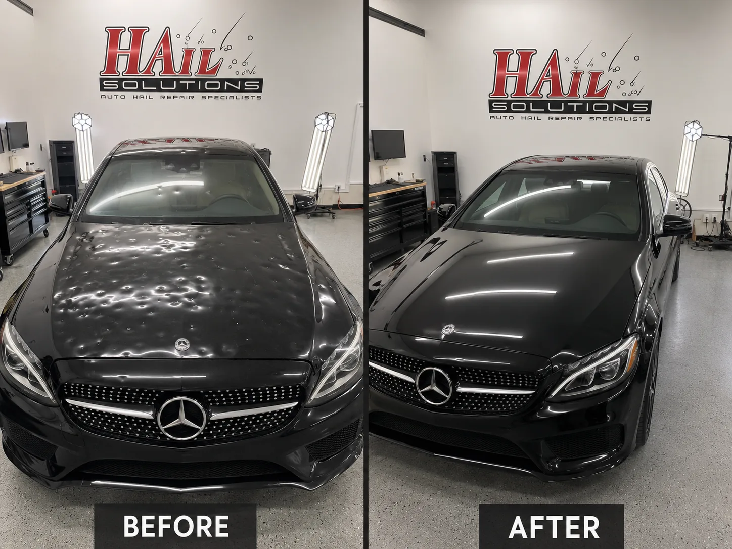 Black Mercedes C-Class before and after hail damage repair — hood dents fully restored by Hail Solutions serving Overland Park, KS