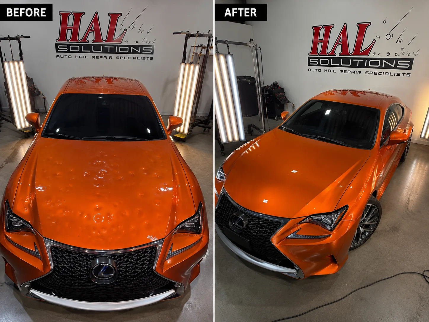 Orange Lexus RC before and after severe hail damage repair — dense hood dents restored by Hail Solutions serving Belton, MO