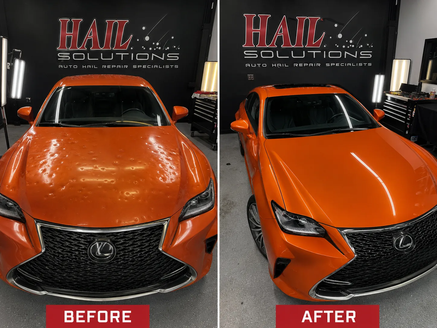 Orange Lexus RC F before and after severe hail damage repair at Hail Solutions — dense hood dents restored to showroom finish
