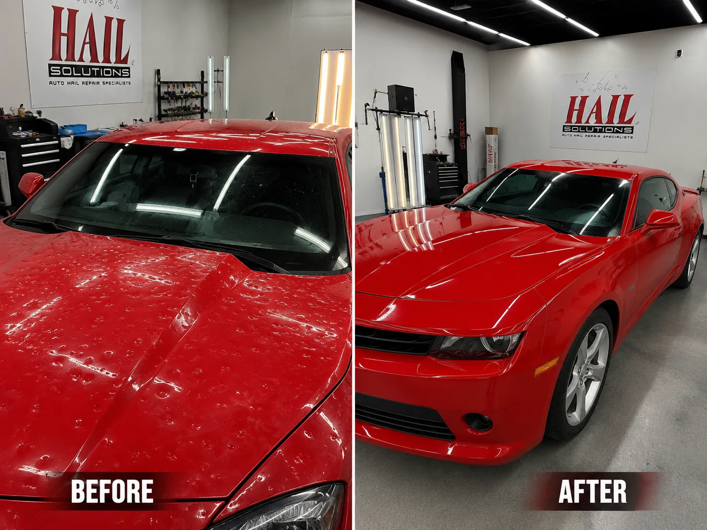 Red Chevrolet Camaro before and after hail damage repair at Hail Solutions serving Gardner, KS — southwest storm corridor vehicle restored by paintless dent repair