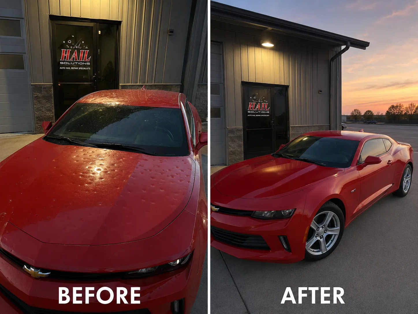 Red Chevrolet Camaro before and after hood hail damage restored by paintless dent repair at Hail Solutions Olathe KS — outdoor shot at the shop