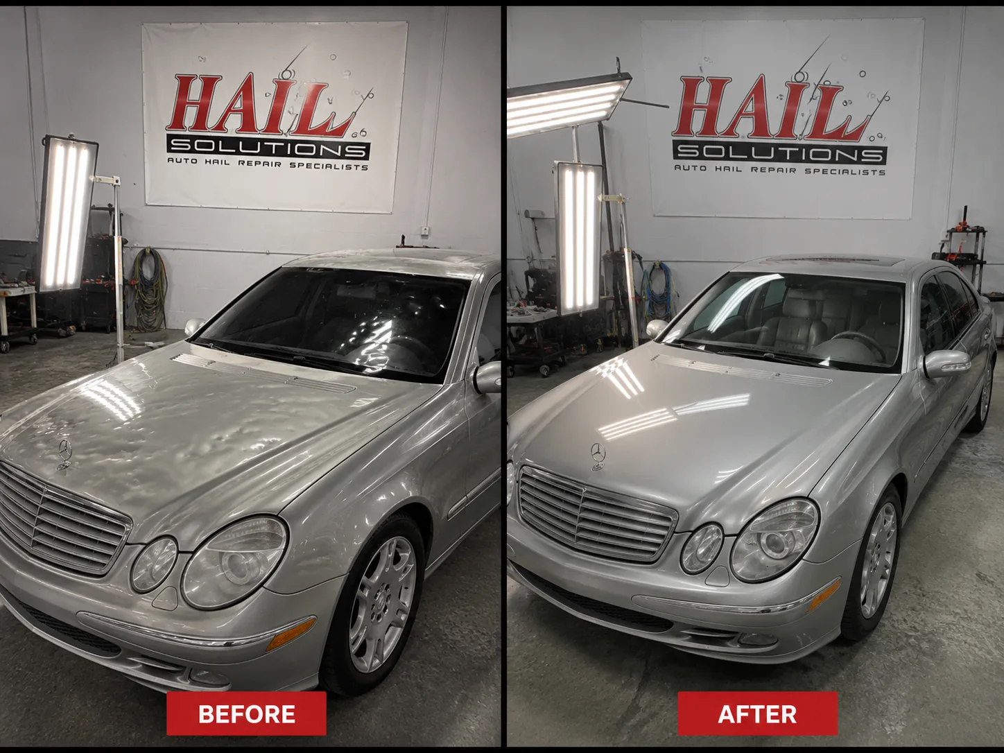 Silver Mercedes E-Class with a hail-dimpled roof, restored at our Olathe shop by paintless dent repair