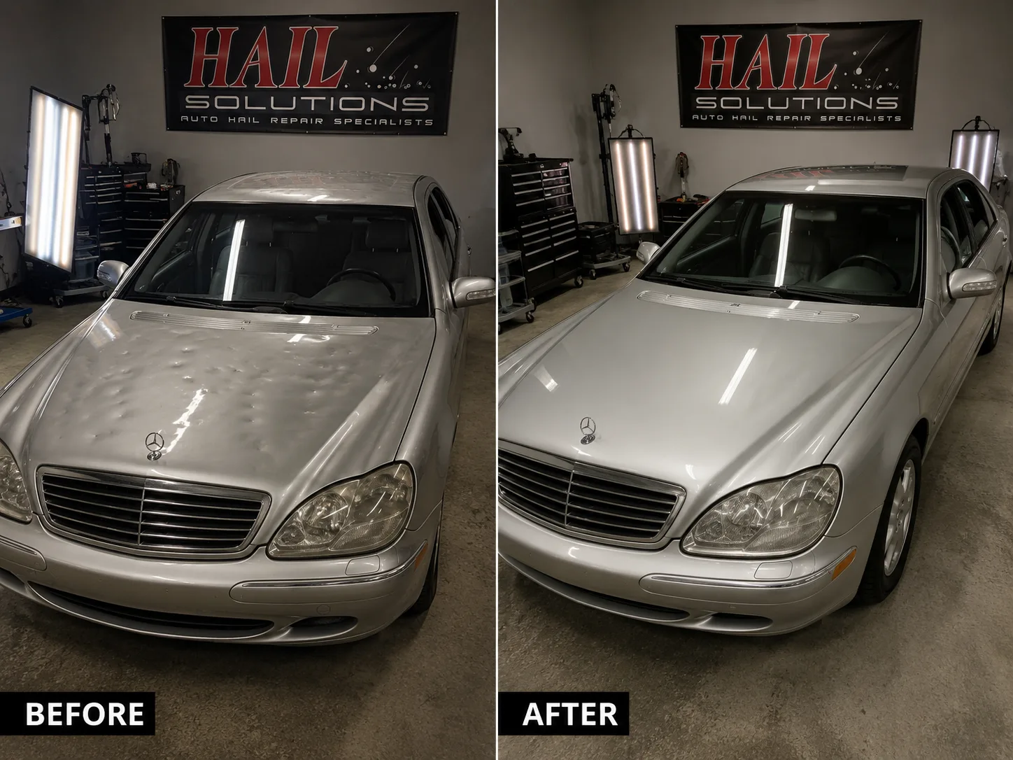 Silver Mercedes S-Class with a hail-dimpled roof restored by paintless dent repair at our Olathe shop