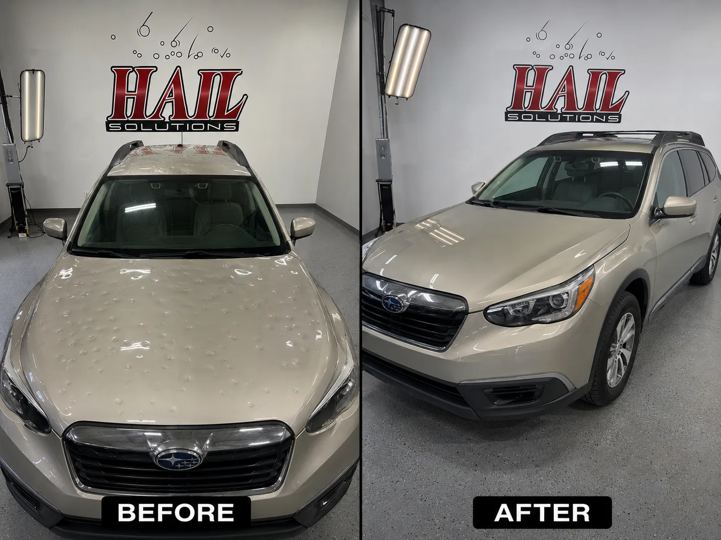 Tan Subaru Outback with a hail-dimpled roof smoothed out by paintless dent repair, restored at our Olathe shop